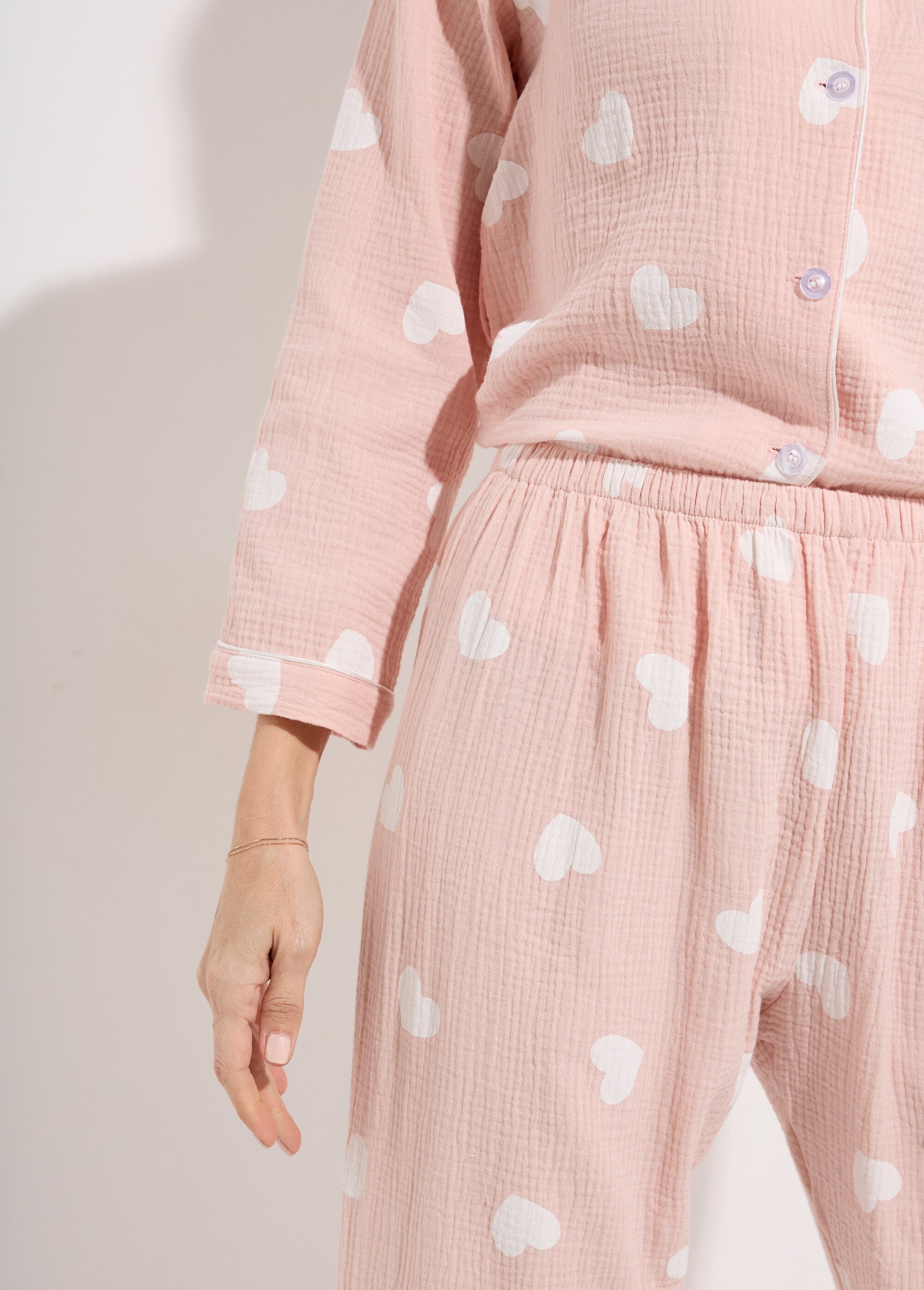 Pyjama 2 pièces coeurs en gaze de coton Femme Rose H-NT201 DE2