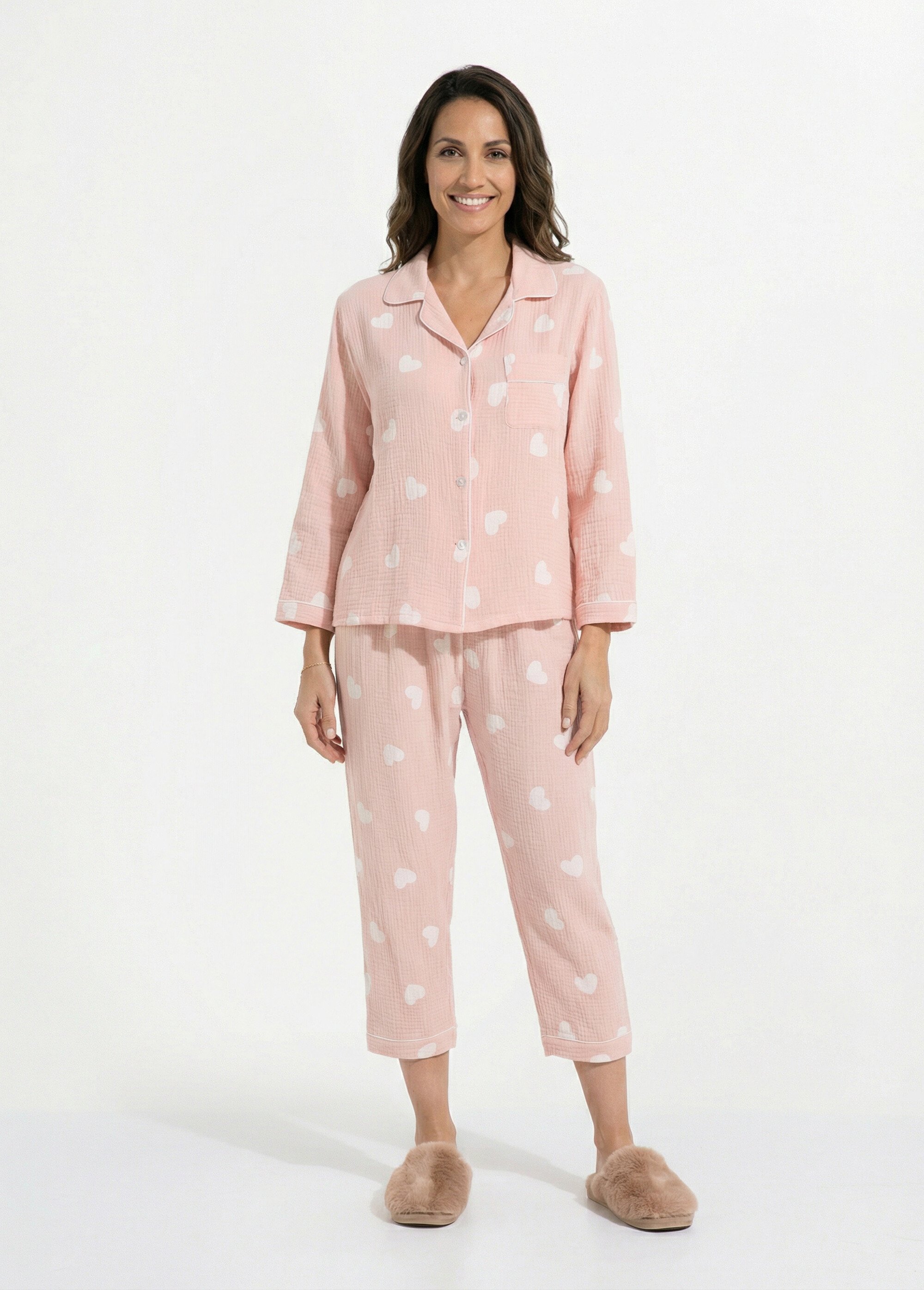 Pyjama 2 pièces coeurs en gaze de coton Femme Rose H-NT201 FA1