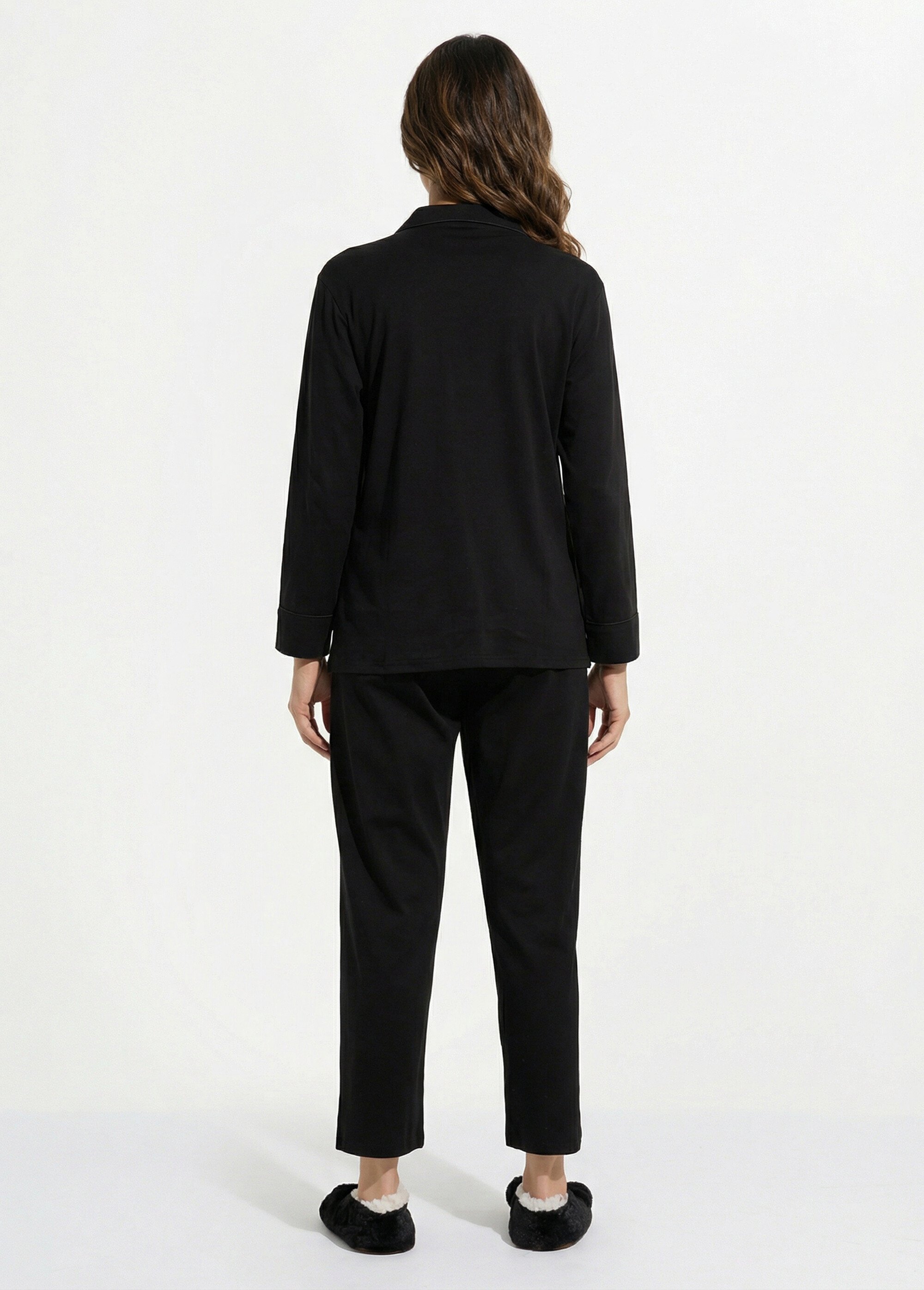 Pyjama 2 pièces jersey, col chemisier Femme Noir H-NT181 DO1