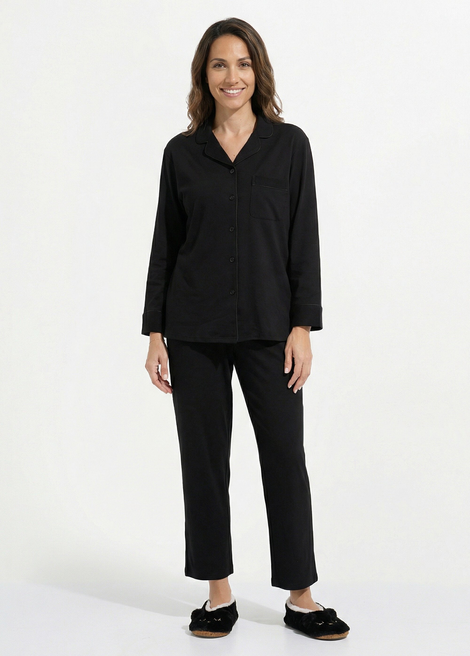 Pyjama 2 pièces jersey, col chemisier Femme Noir H-NT181 FA1