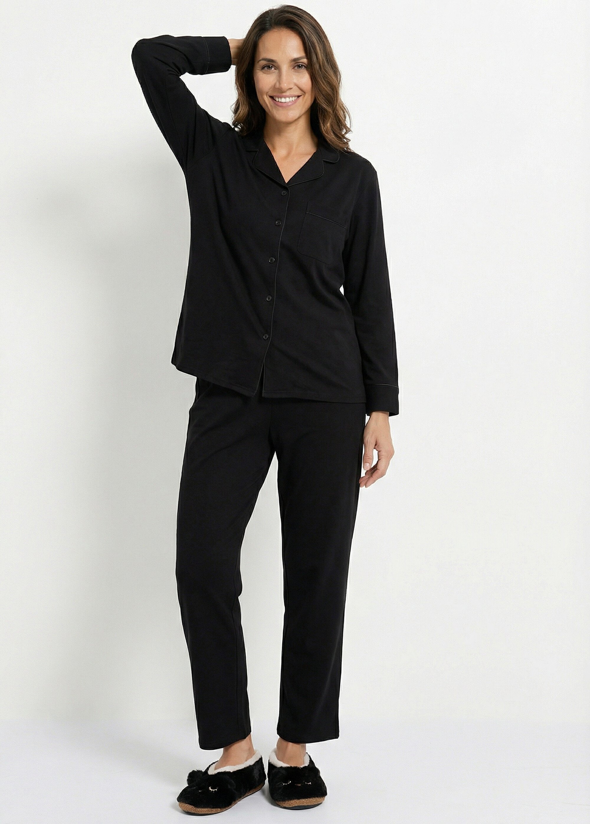 Pyjama 2 pièces jersey, col chemisier Femme Noir H-NT181 MV1