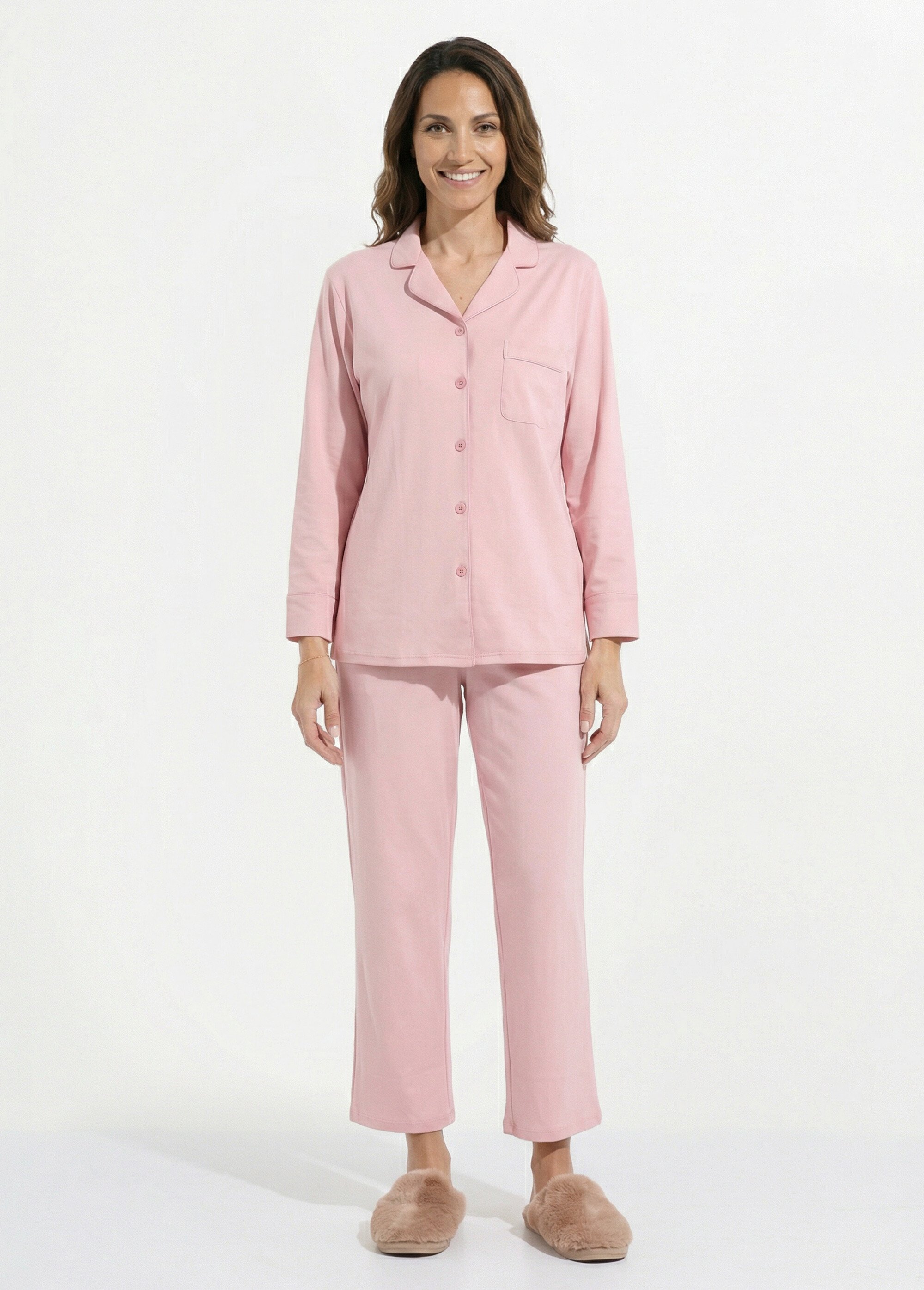 Pyjama 2 pièces jersey, col chemisier Femme Rose H-NT181 FA1