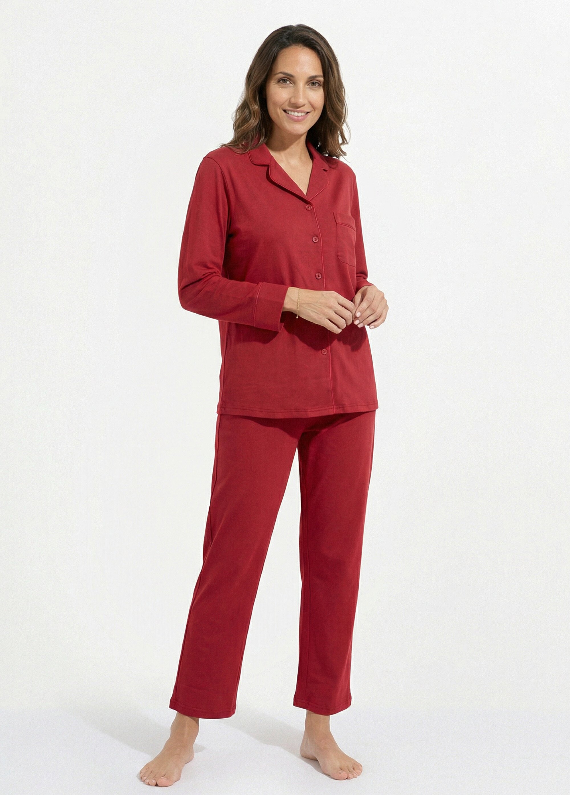 Pyjama 2 pièces jersey, col chemisier Femme Rouge H-NT181 FA1