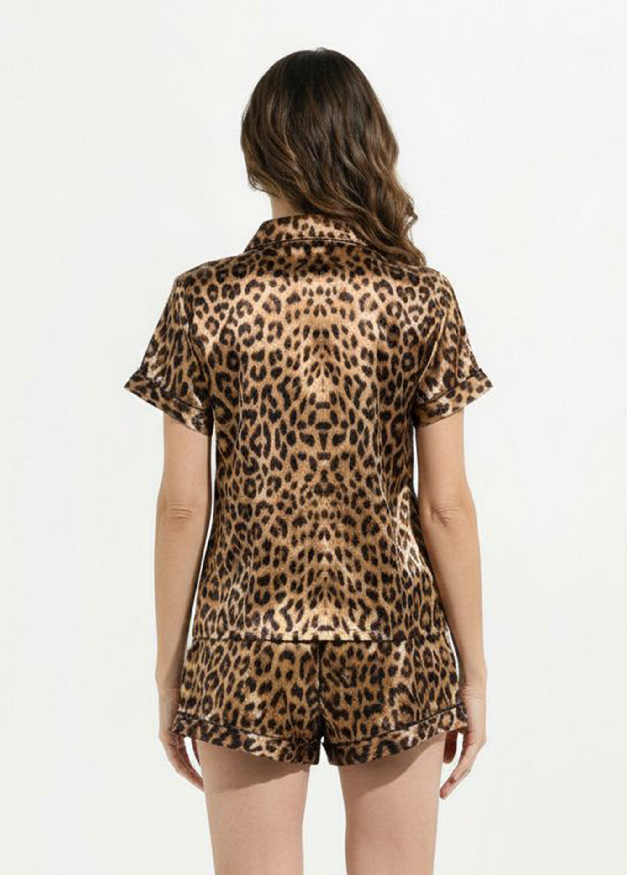 Pyjama short satin sexy motif léopard Femme Marron H-NT152 DO1