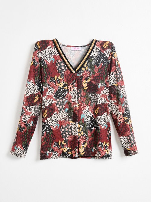 T-shirt long ample imprimé col V manches longues Femme IMPRIME BRIQUE CASTOR AP1