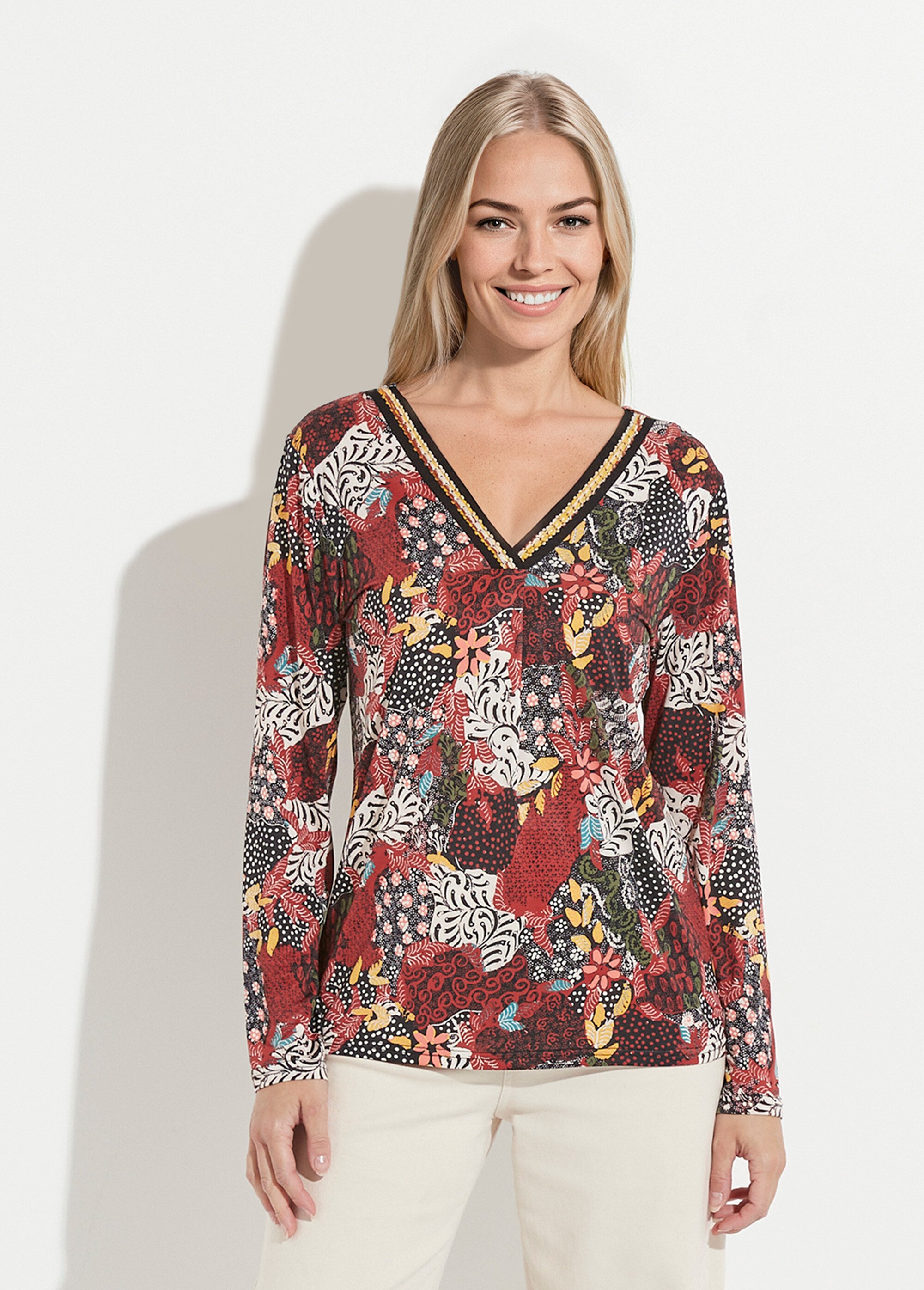 T-shirt long ample imprimé col V manches longues Femme IMPRIME BRIQUE CASTOR FA1