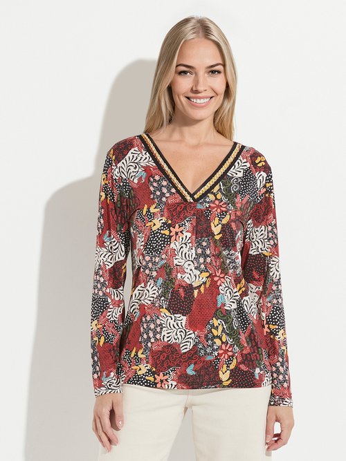 T-shirt long ample imprimé col V manches longues Femme IMPRIME BRIQUE CASTOR FA1