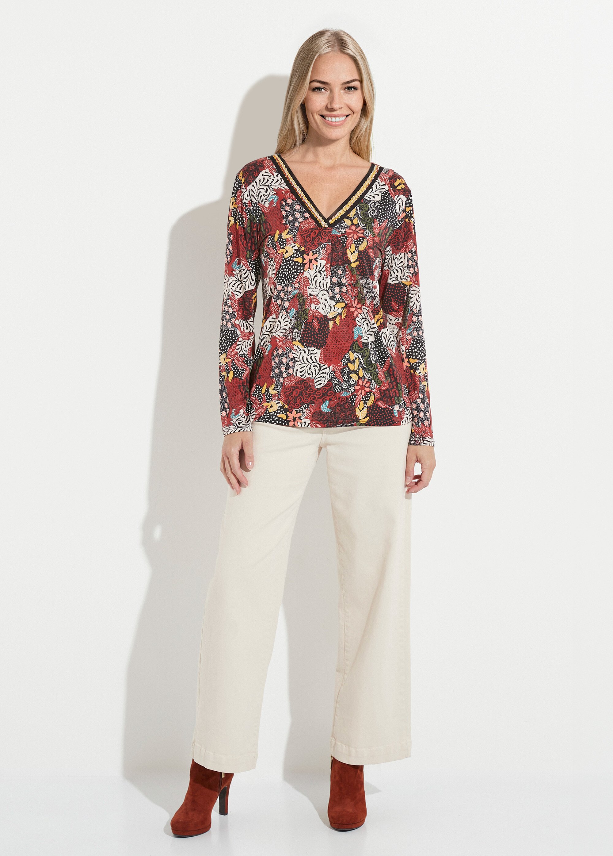 T-shirt long ample imprimé col V manches longues Femme IMPRIME BRIQUE CASTOR SF1