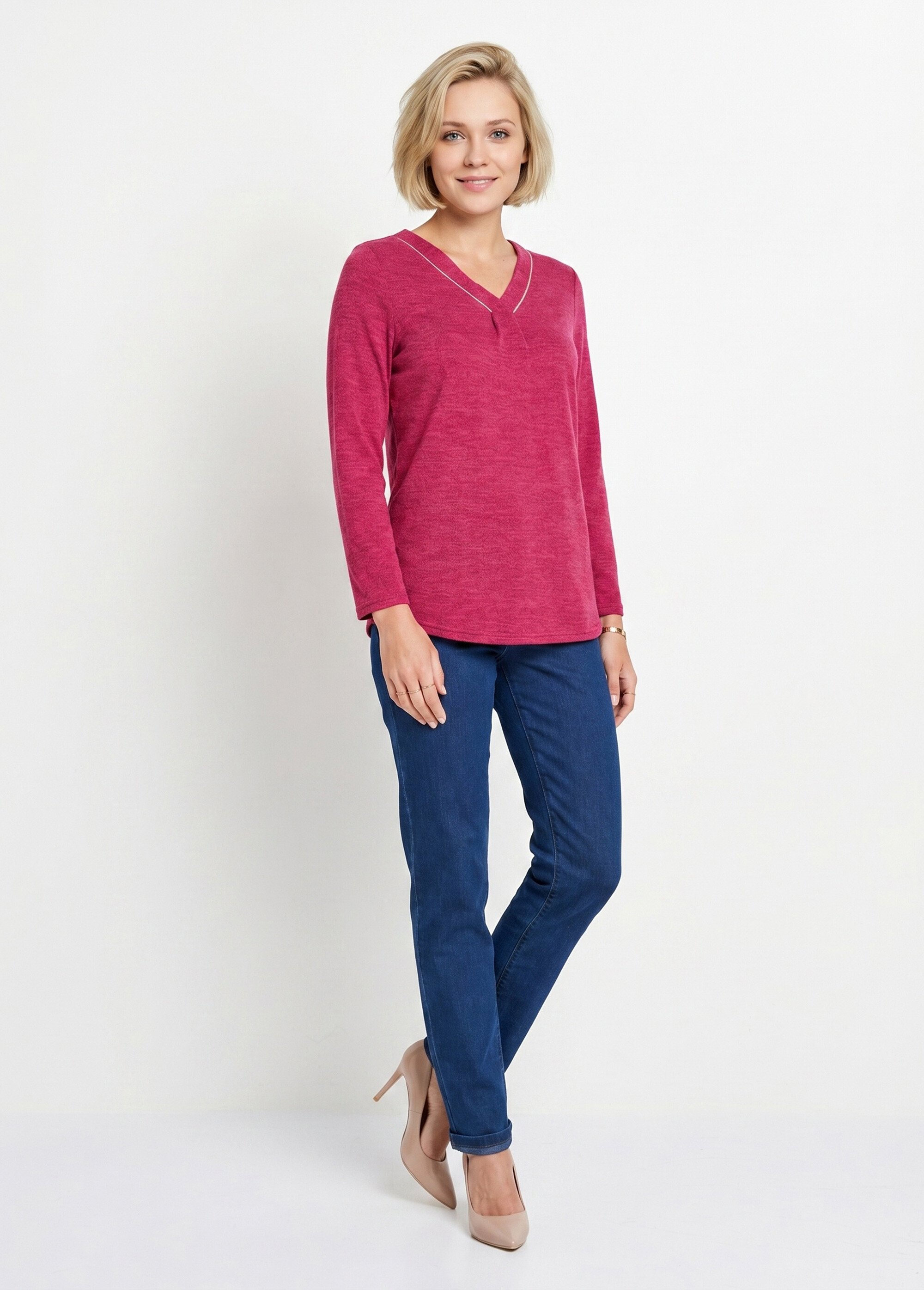 T-shirt long col V évasé manches longues Femme Rouge CYRIELLE SI1