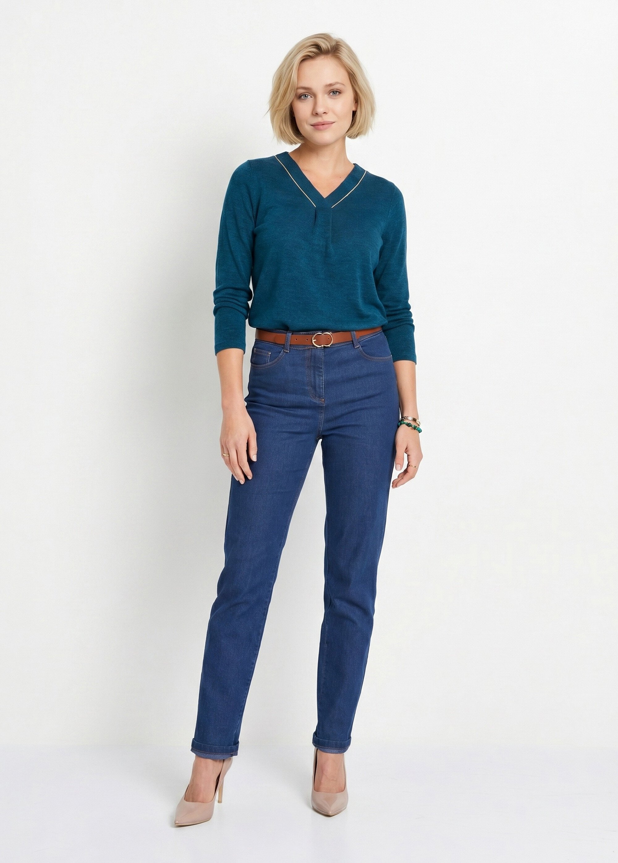 T-shirt long col V évasé manches longues Femme Bleu CYRIELLE SI1
