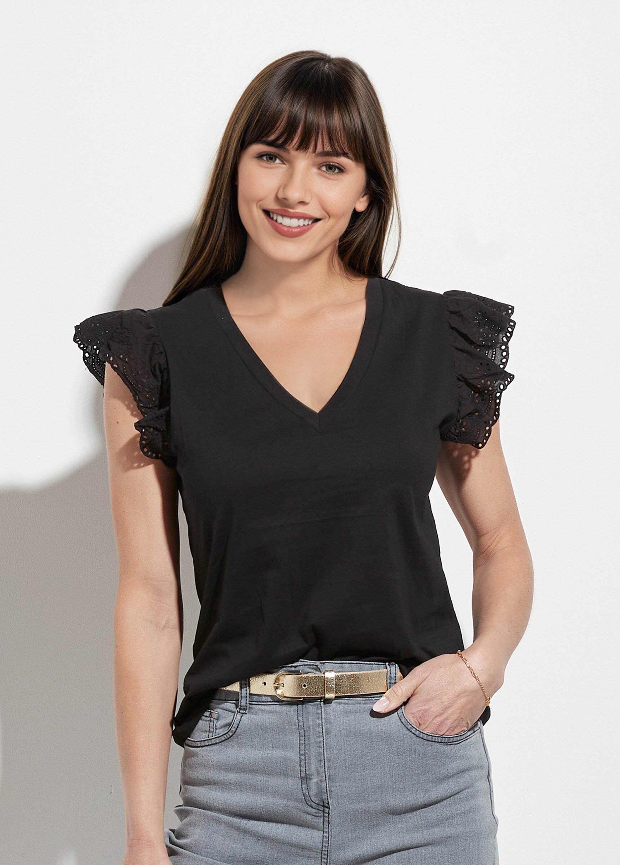 T-shirt manches volantées avec encolure V