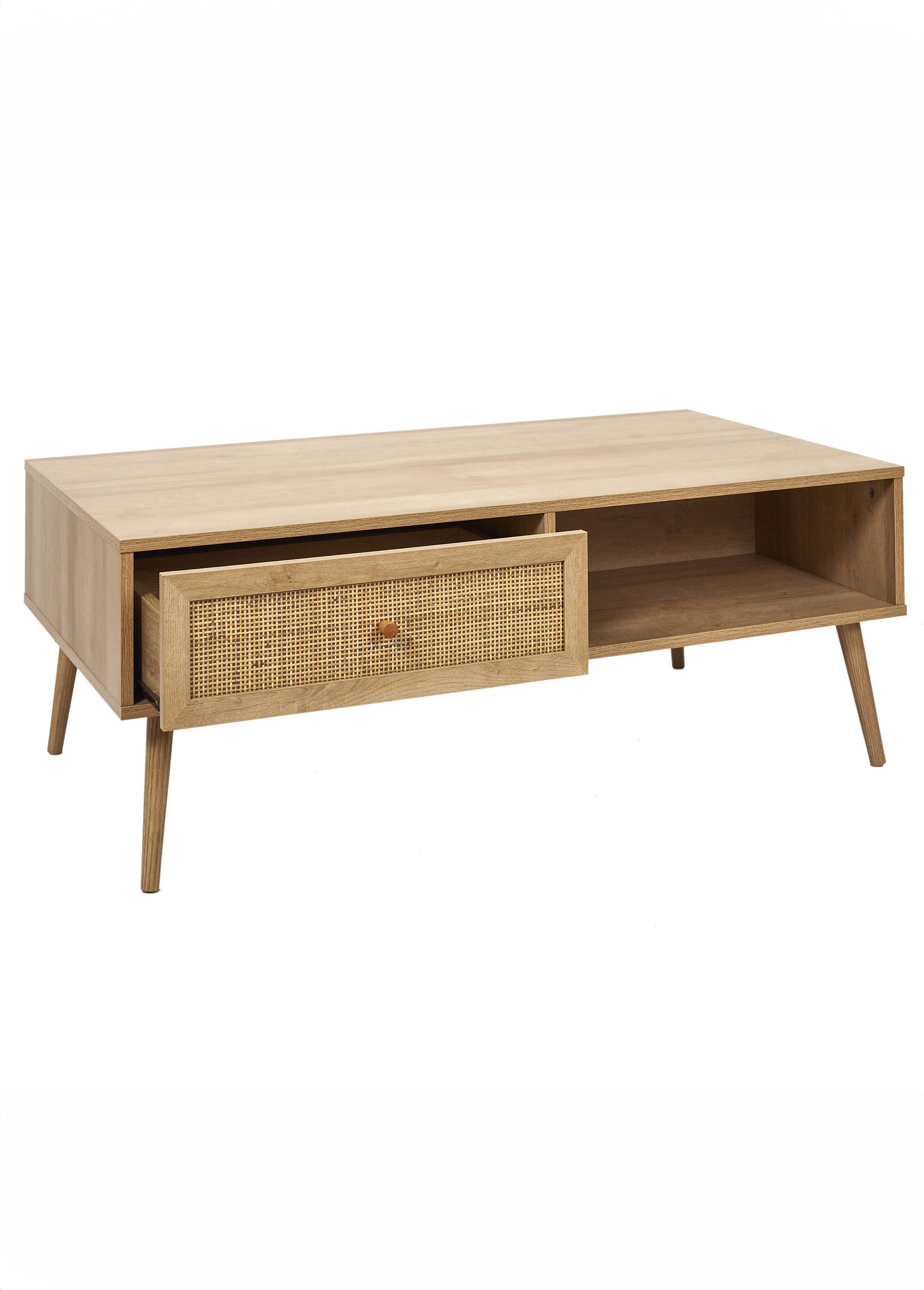 Table basse 1 tiroir, bois et cannage