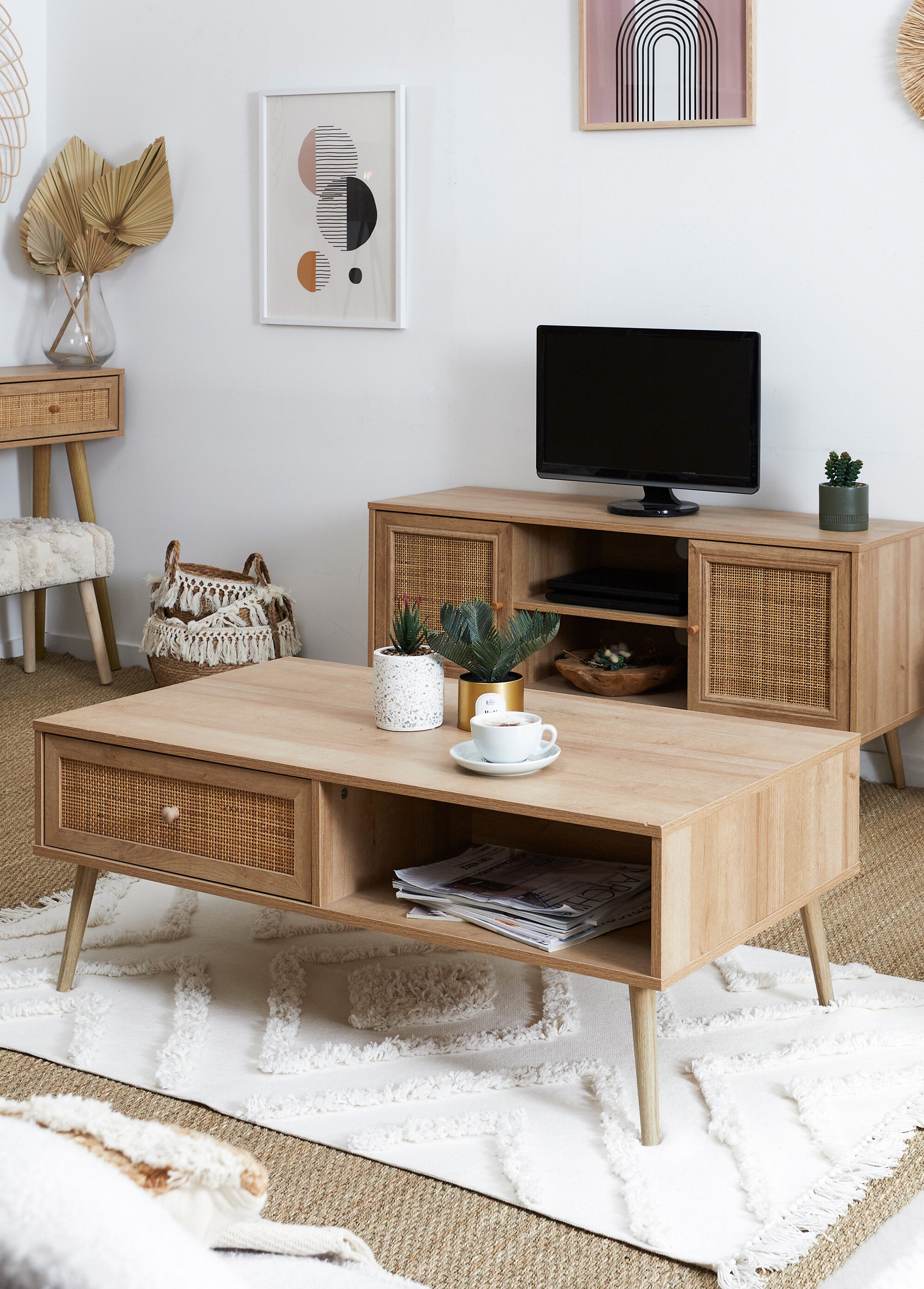 Table basse 1 tiroir, bois et cannage MARRON CMP-HD7458 SI1