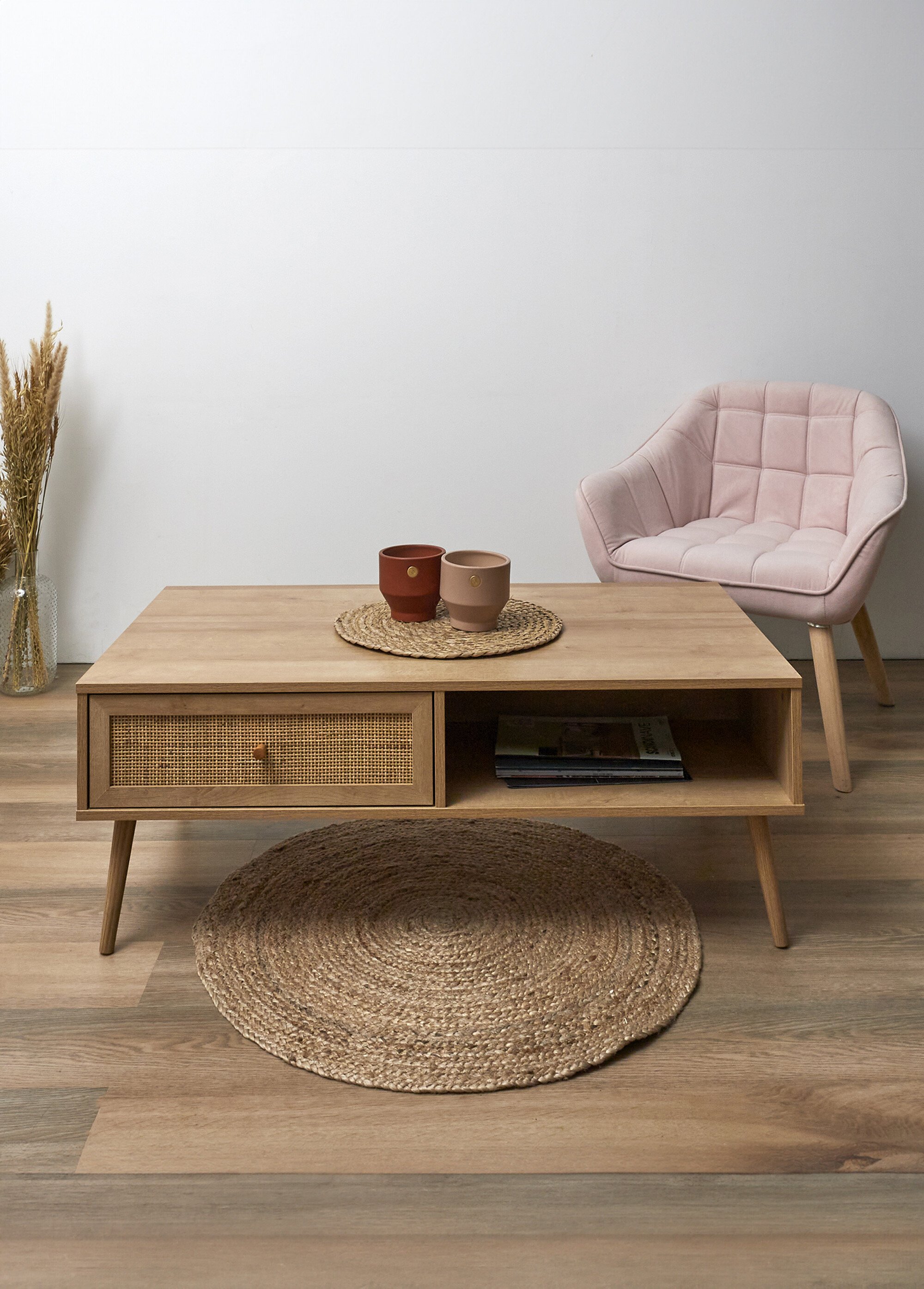 Table basse 1 tiroir, bois et cannage MARRON CMP-HD7458 SI2