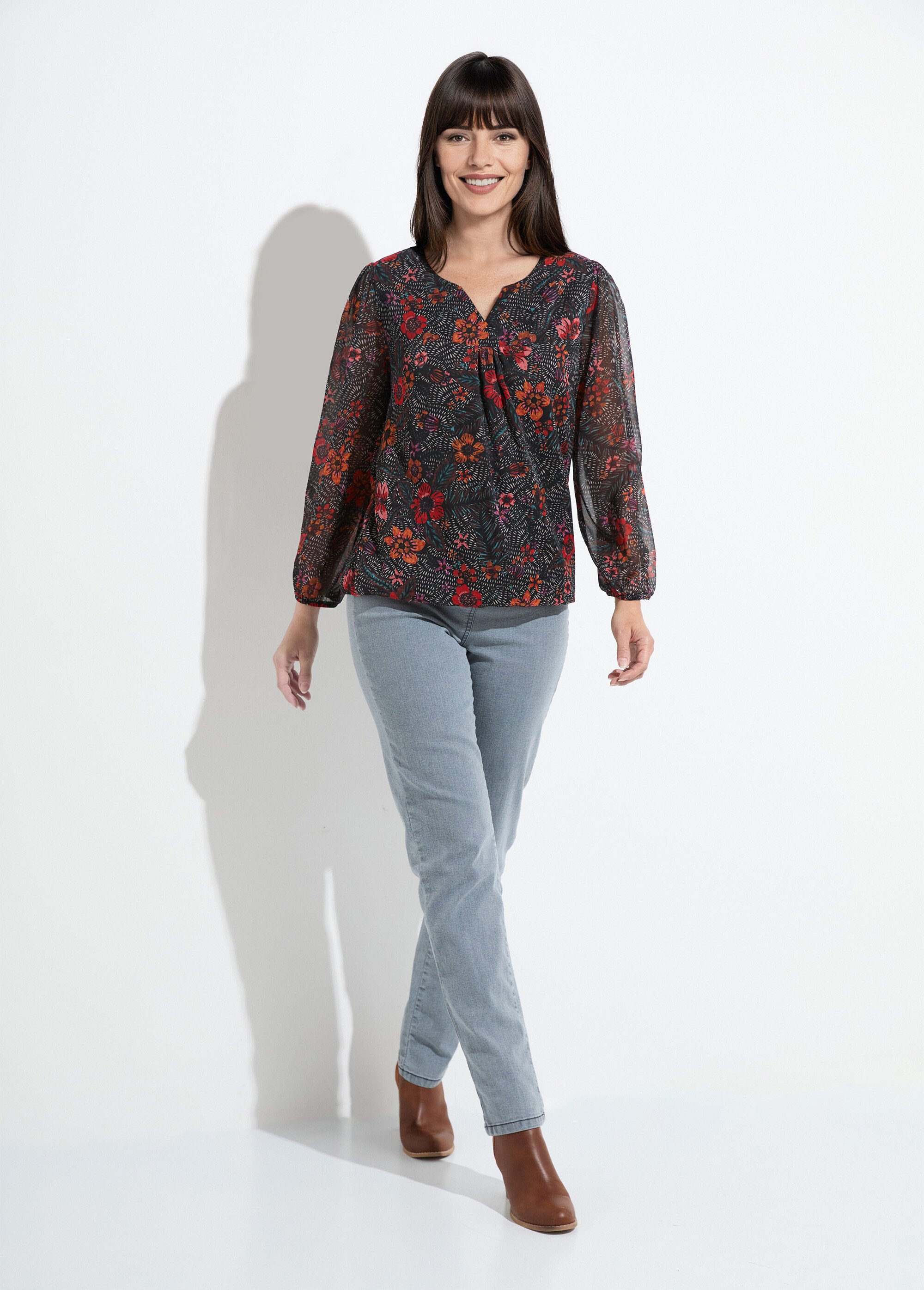 Tunique longue blousante en voile fleuri Femme Noir CABREL MV1