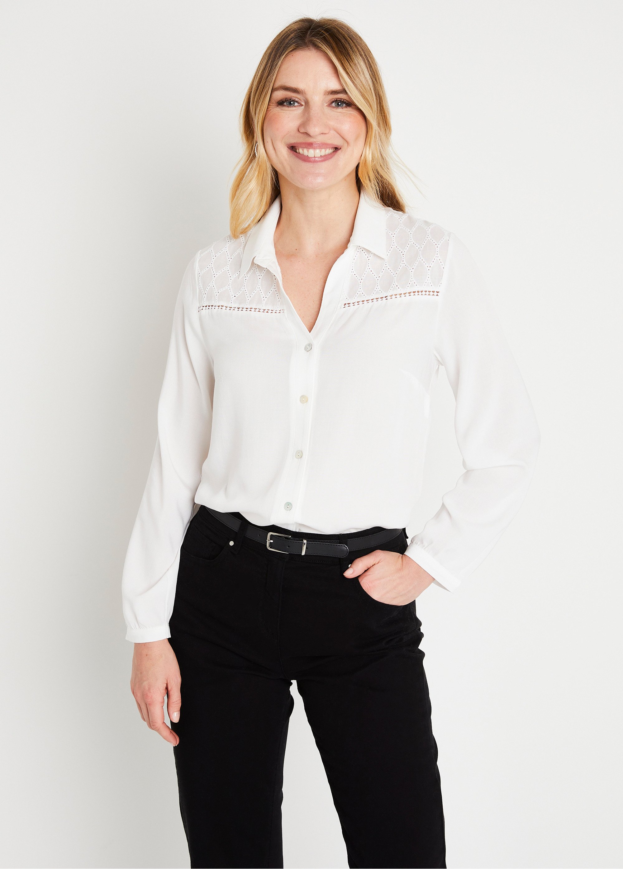 Chemisier droit boutonné uni brodé Femme Beige CARESSE FA2