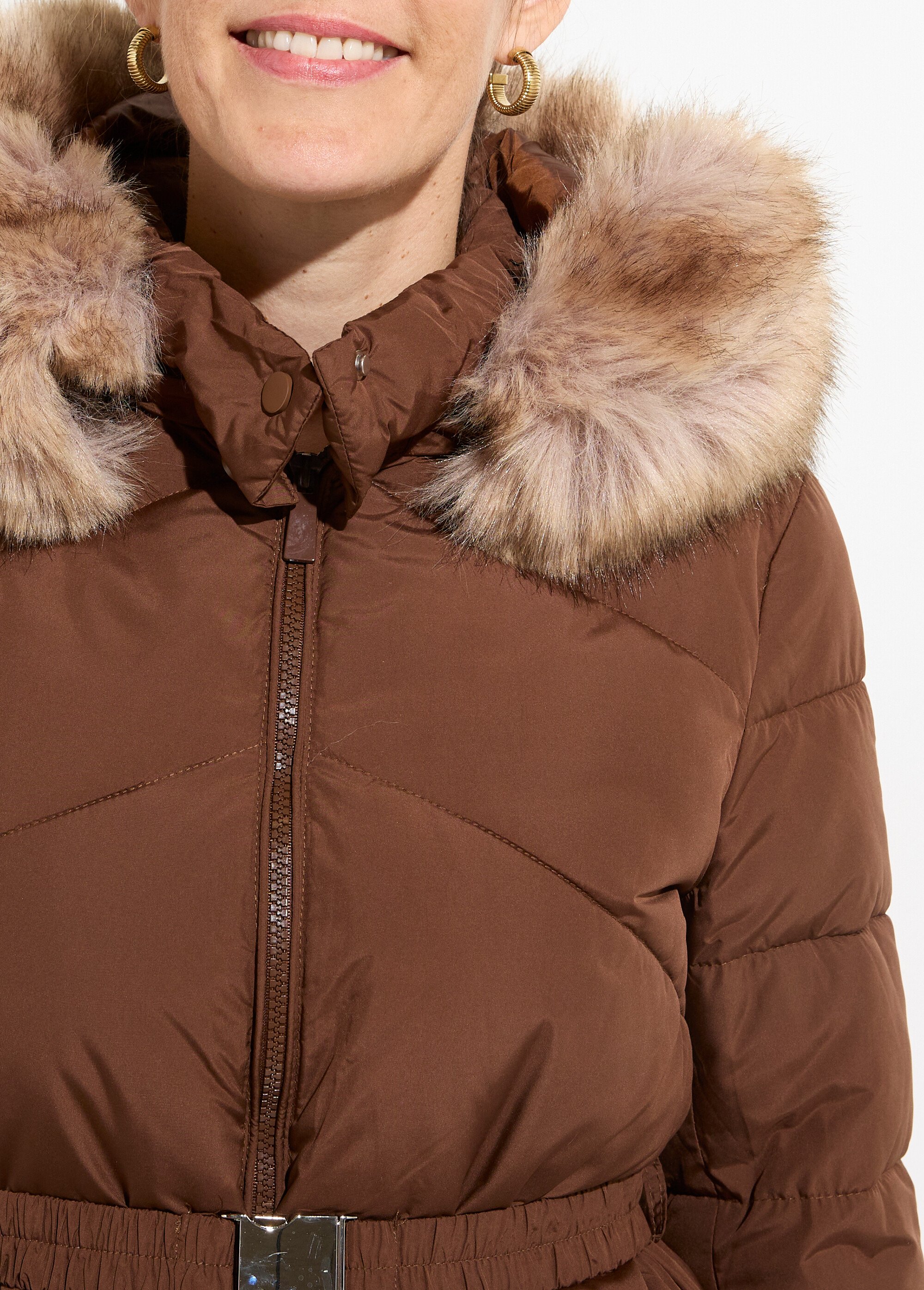 Doudoune courte ceinturée capuche fourrure Femme Marron ATT-AT8383 DE1