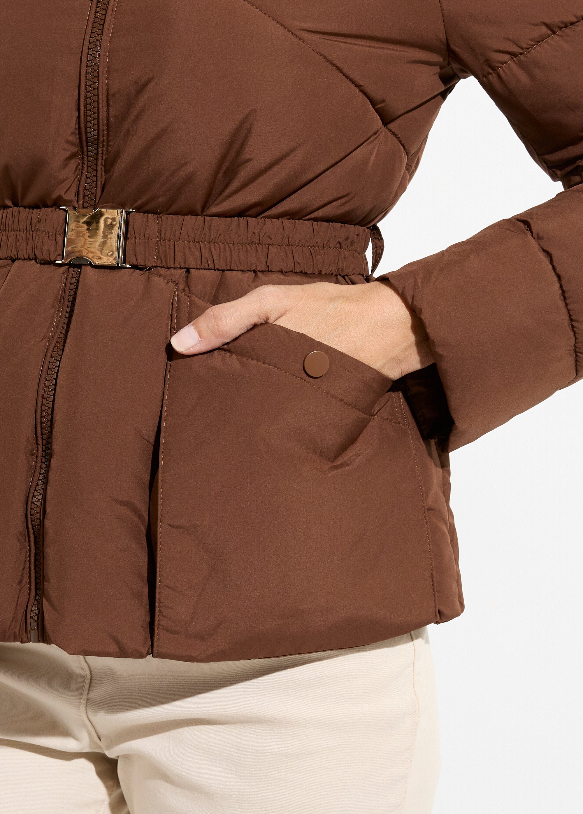 Doudoune courte ceinturée capuche fourrure Femme Marron ATT-AT8383 DE2