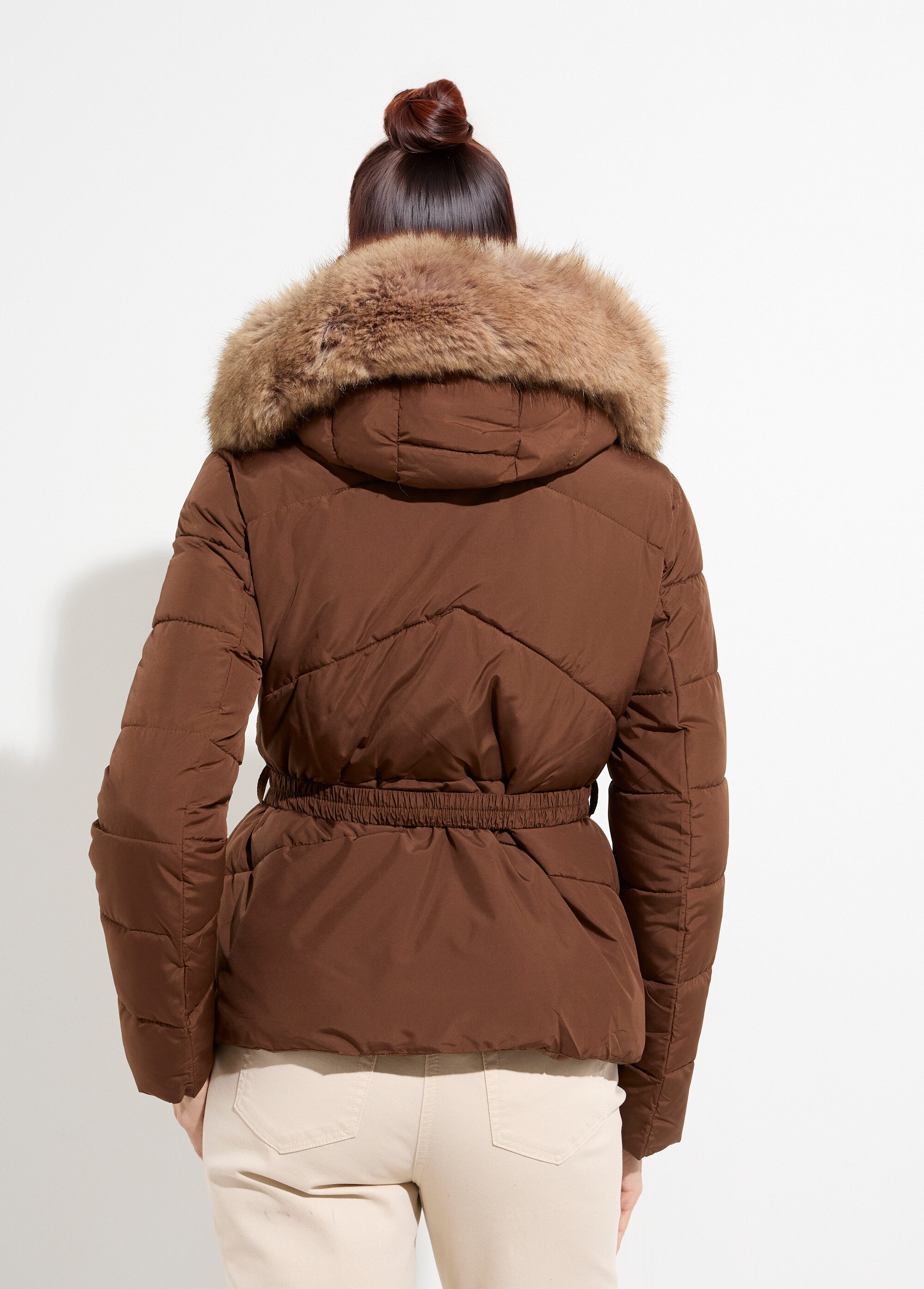 Doudoune courte ceinturée capuche fourrure Femme Marron ATT-AT8383 DO1