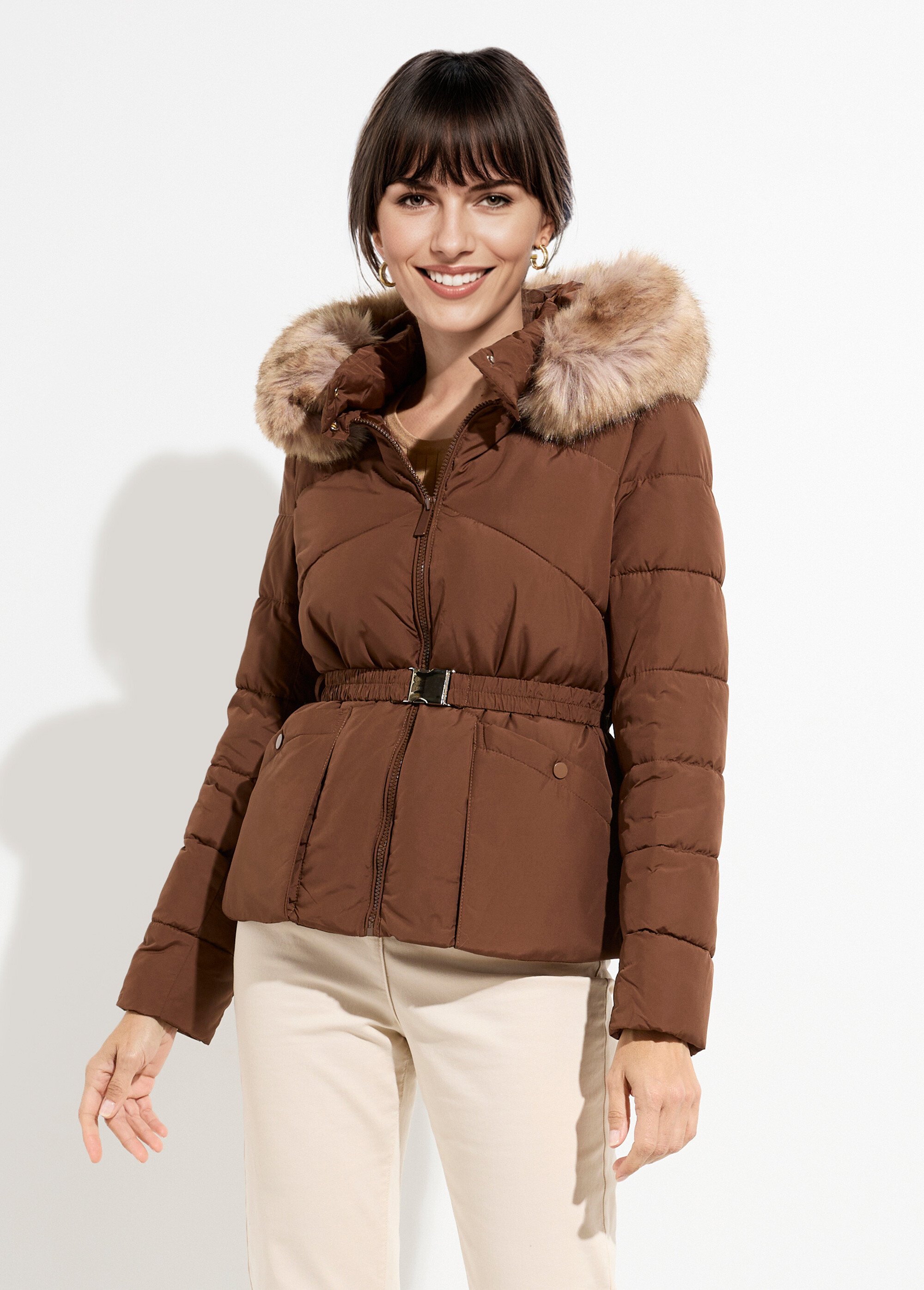 Doudoune courte ceinturée capuche fourrure Femme Marron ATT-AT8383 FA1