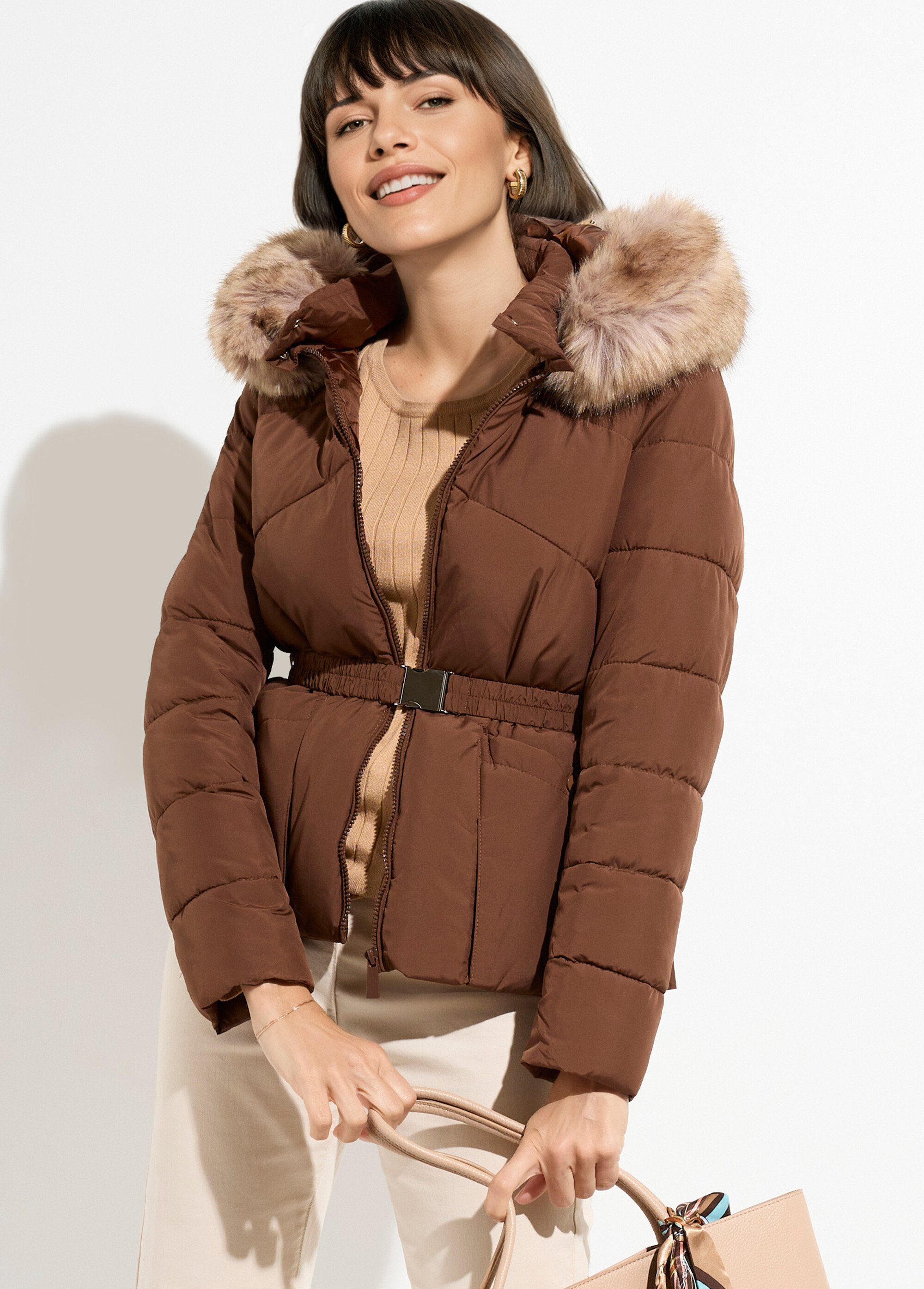 Doudoune courte ceinturée capuche fourrure Femme Marron ATT-AT8383 MV1