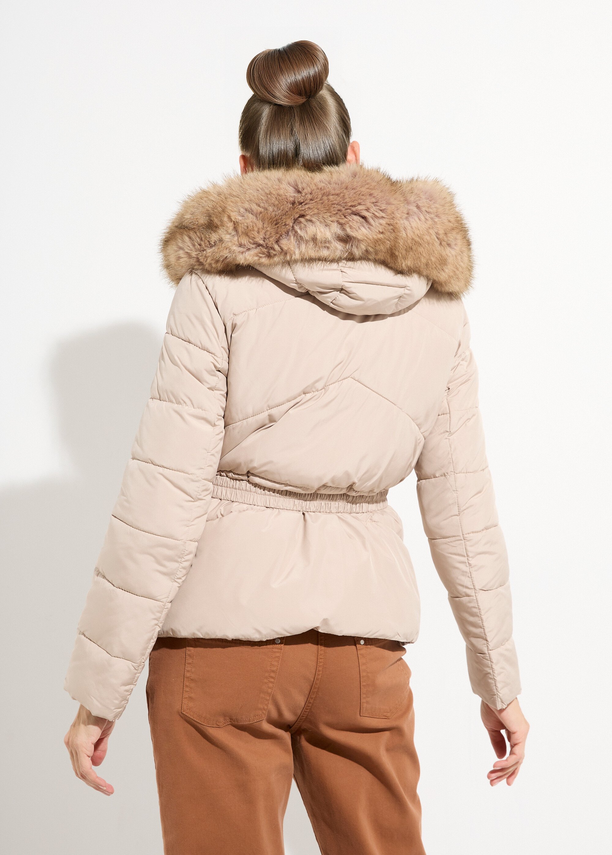 Doudoune courte ceinturée capuche fourrure Femme Beige ATT-AT8383 DO1