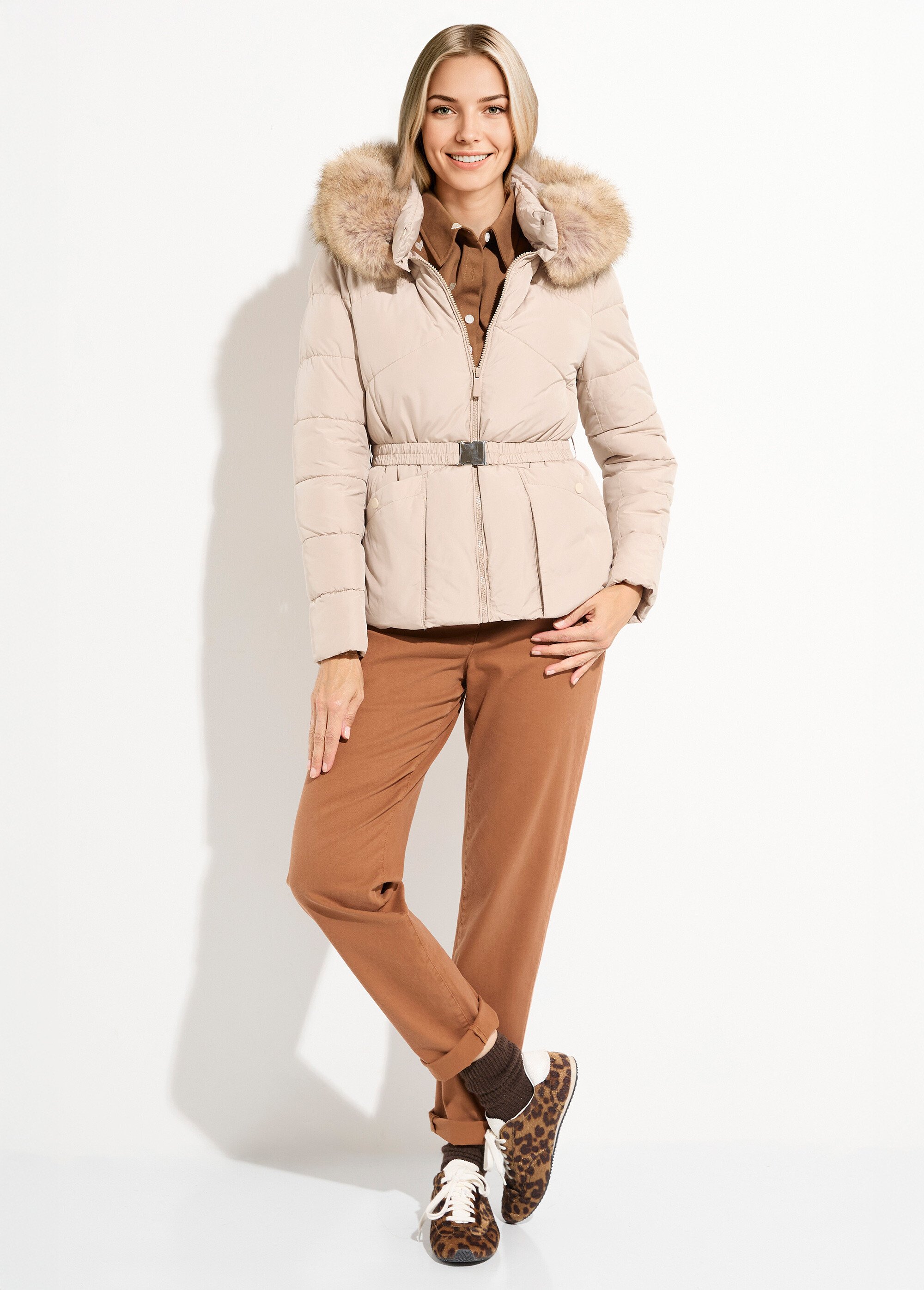 Doudoune courte ceinturée capuche fourrure Femme Beige ATT-AT8383 SF1