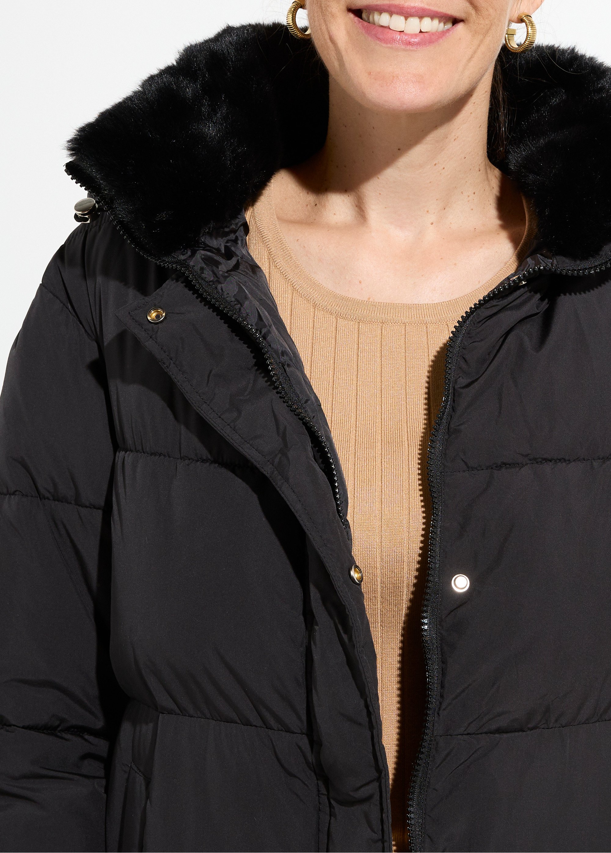 Doudoune extra longue, col fourrure Femme Noir ATT-AT8578 DE1