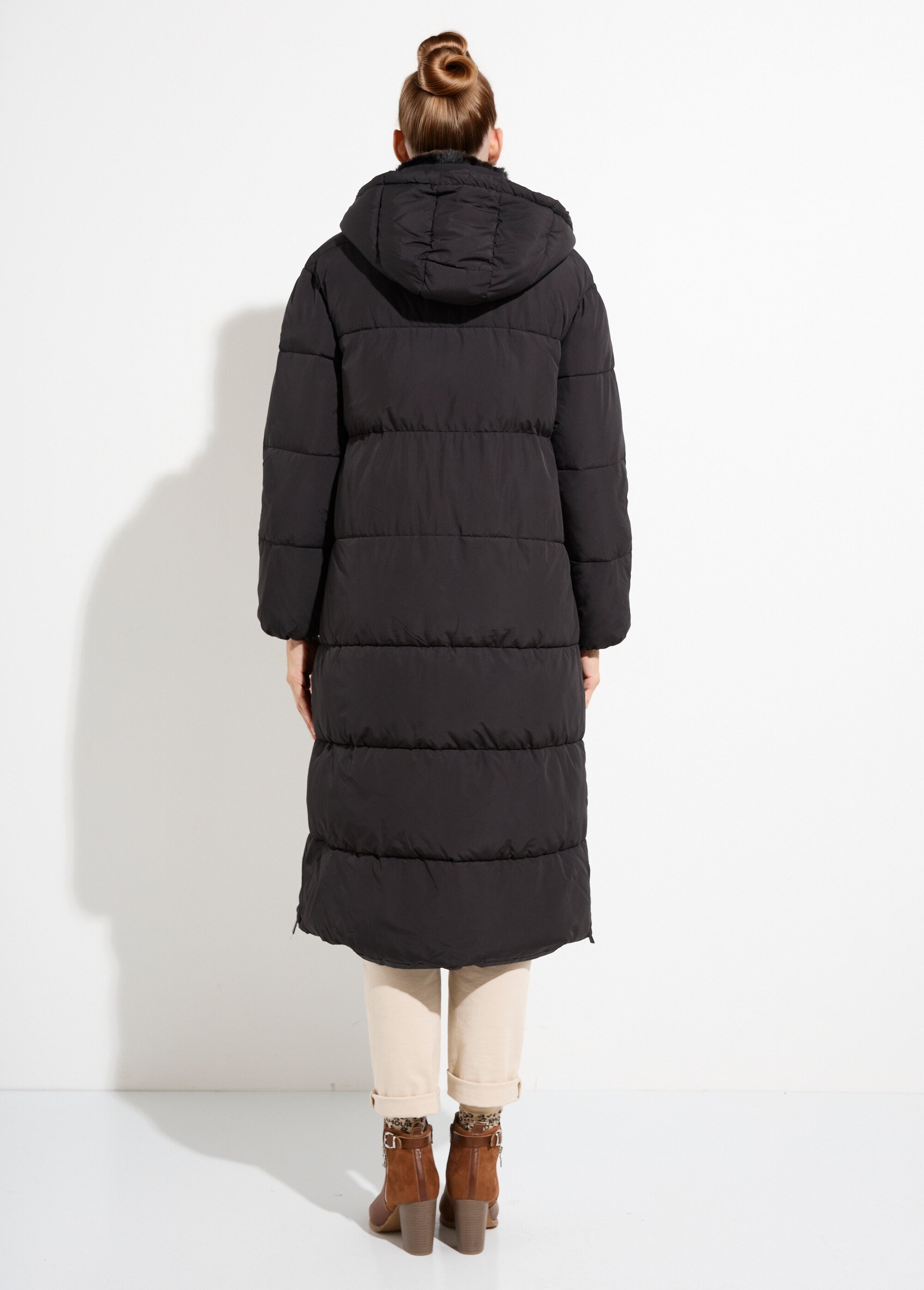 Doudoune extra longue, col fourrure Femme Noir ATT-AT8578 DO1