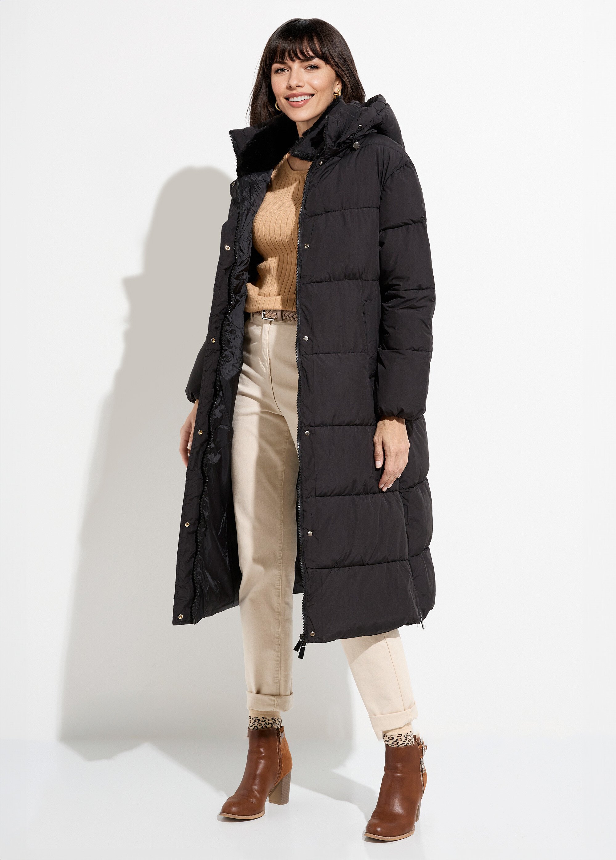 Doudoune extra longue, col fourrure Femme Noir ATT-AT8578 FA1