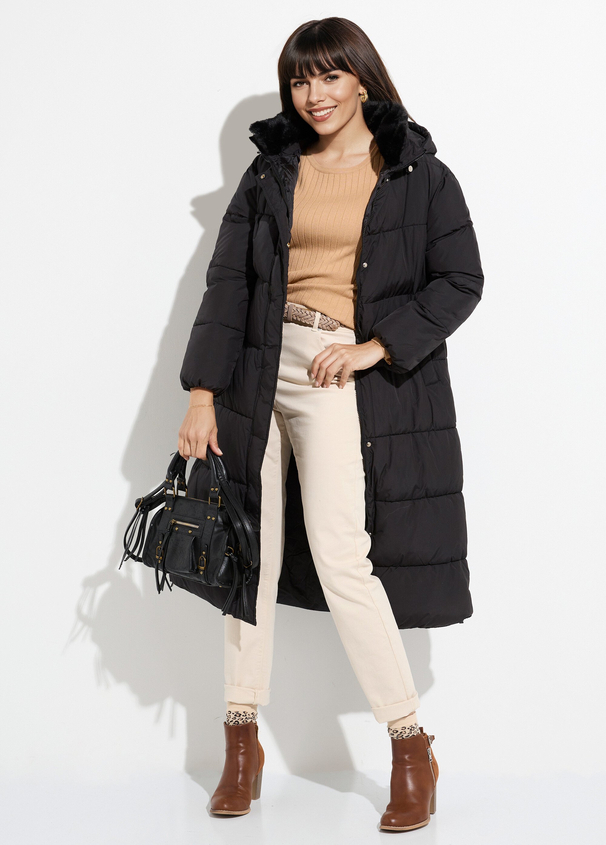 Doudoune extra longue, col fourrure Femme Noir ATT-AT8578 MV1