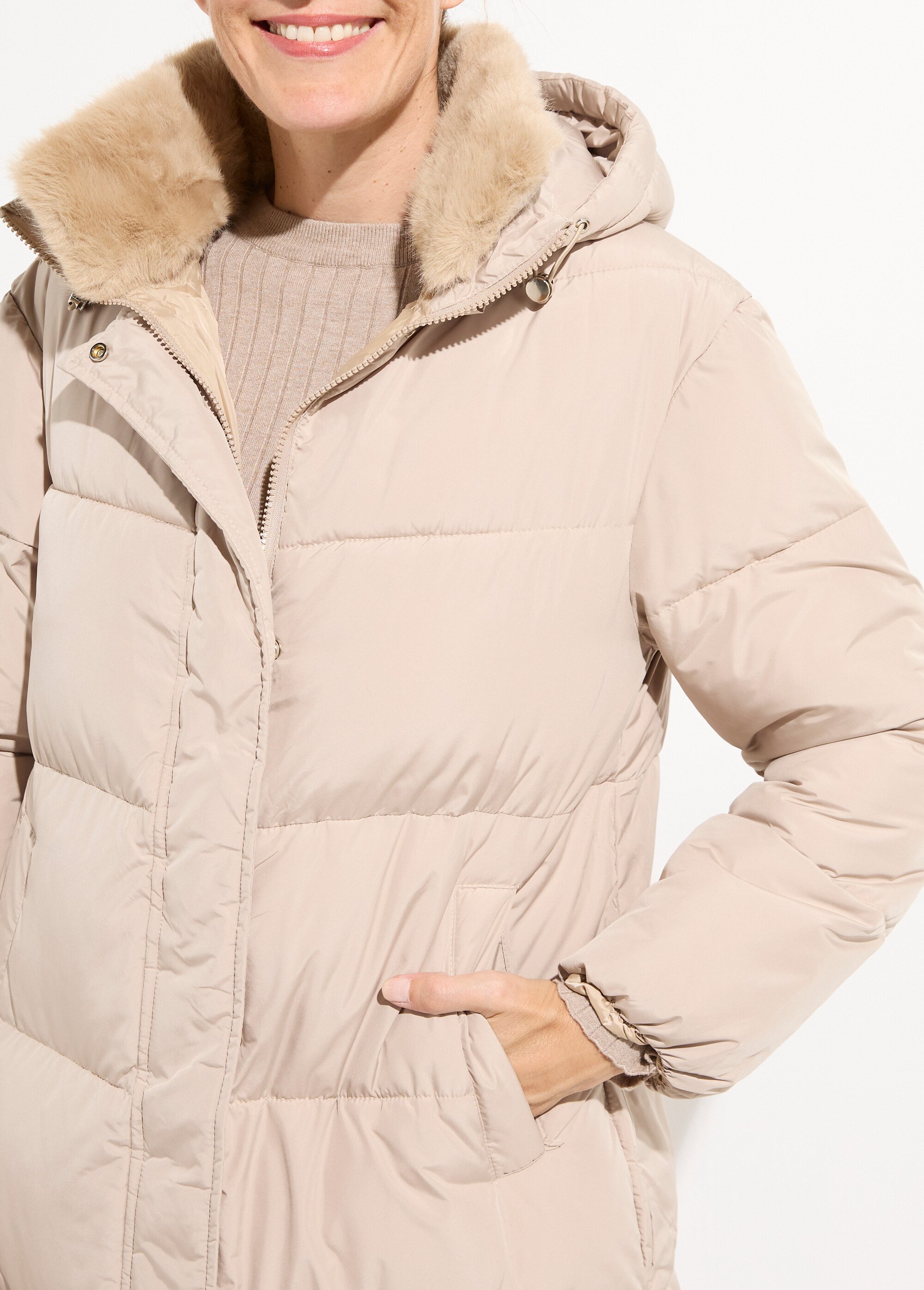 Doudoune extra longue, col fourrure Femme Beige ATT-AT8578 DE1