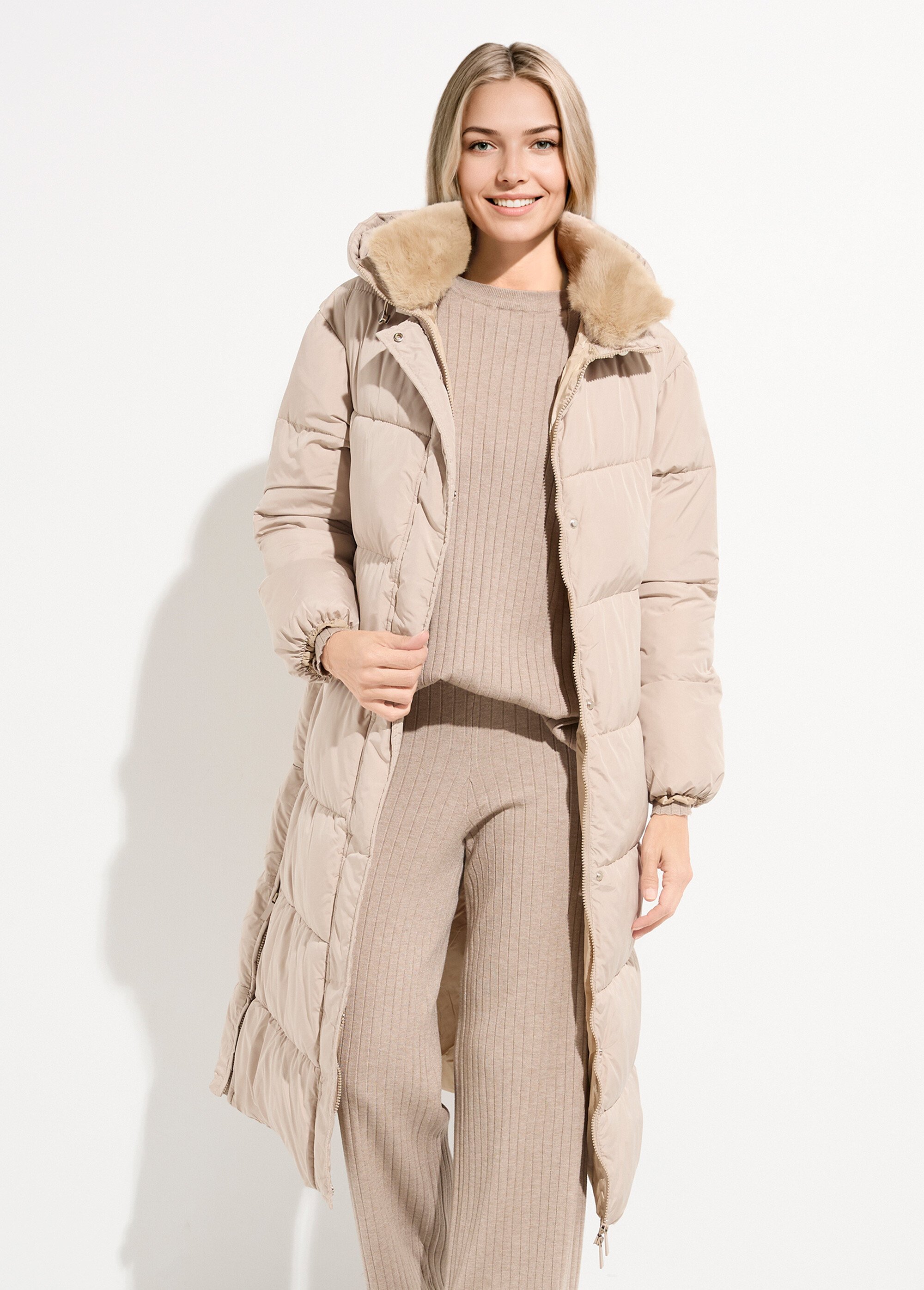 Doudoune extra longue, col fourrure Femme Beige ATT-AT8578 FA1