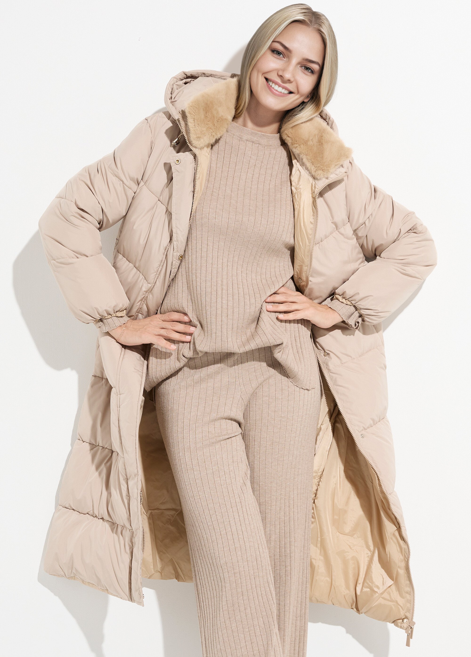Doudoune extra longue, col fourrure Femme Beige ATT-AT8578 MV1