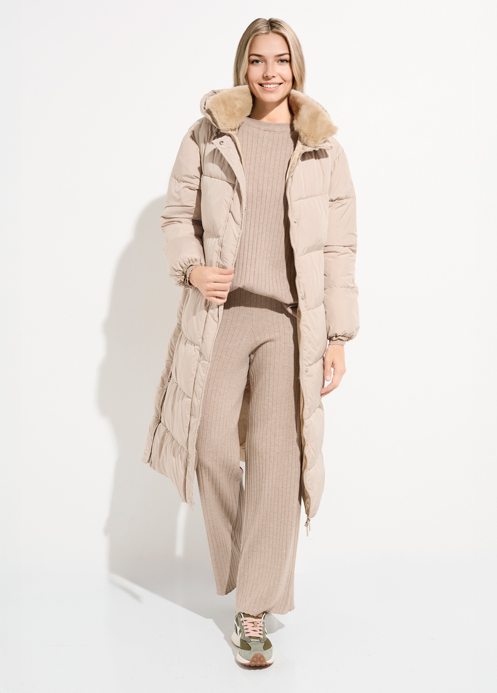 Doudoune extra longue, col fourrure Femme Beige ATT-AT8578 SF1