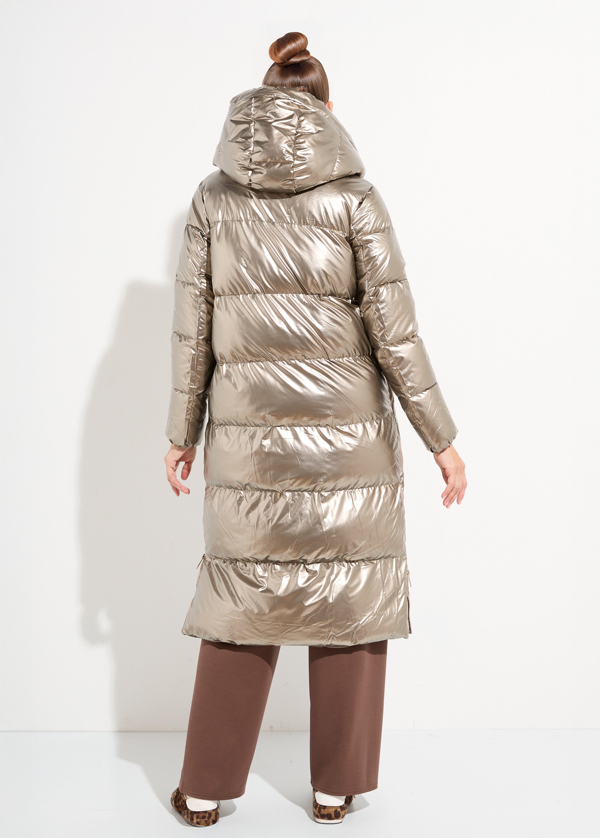 Doudoune extra longue métallisée à capuche