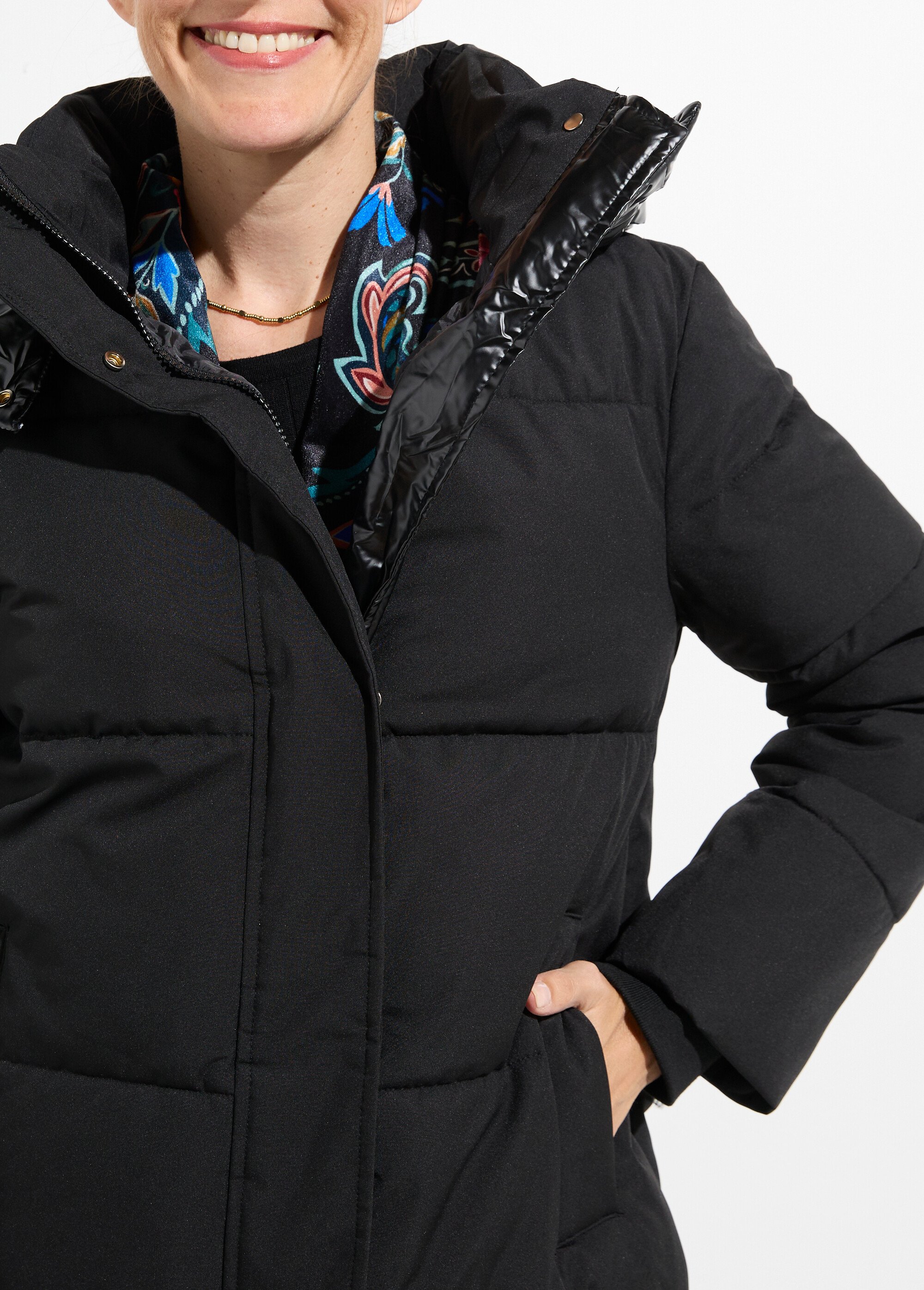 Doudoune longue capuche métallisée Femme Noir ATT-AT8592 DE1