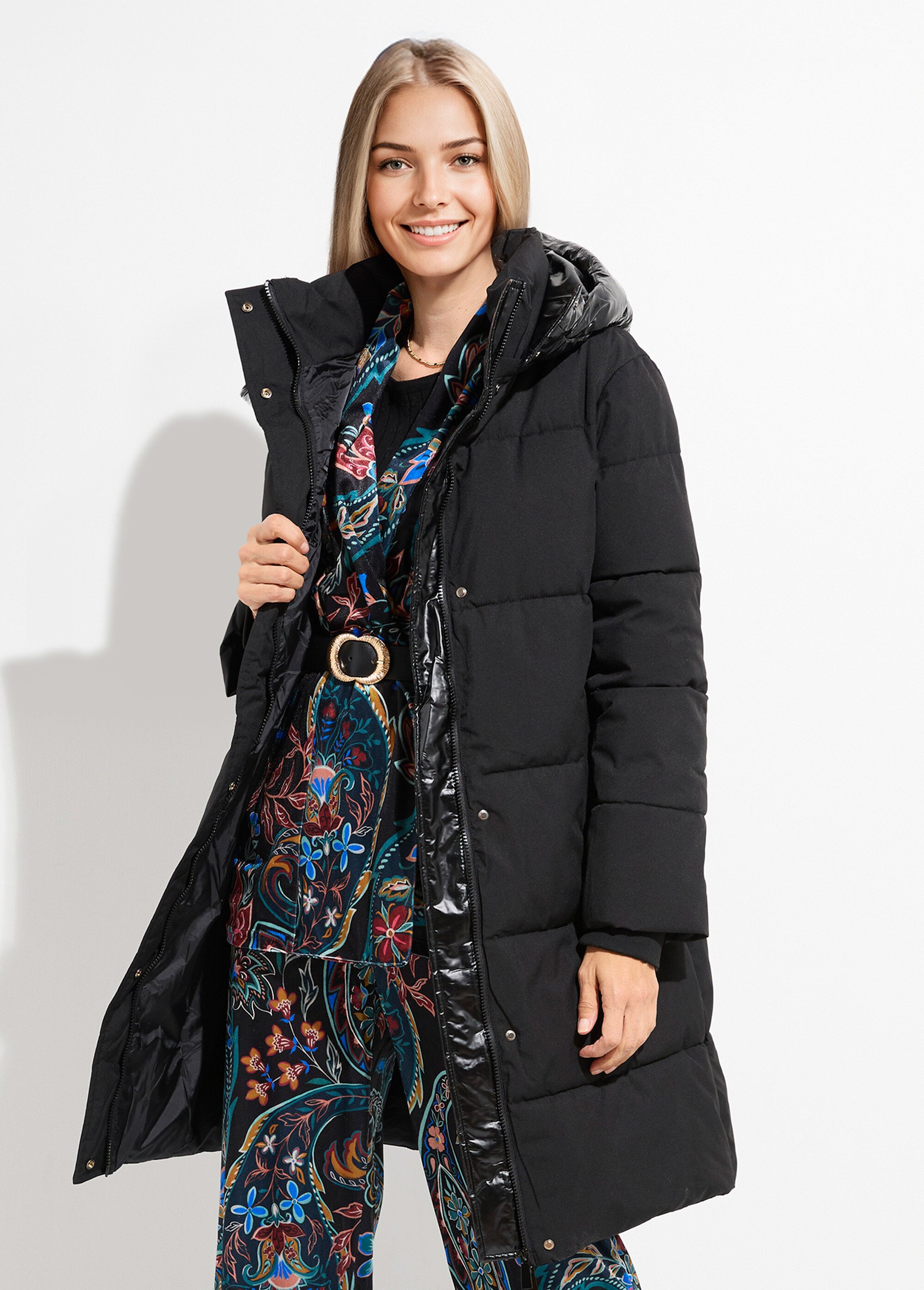 Doudoune longue capuche métallisée Femme Noir ATT-AT8592 FA1