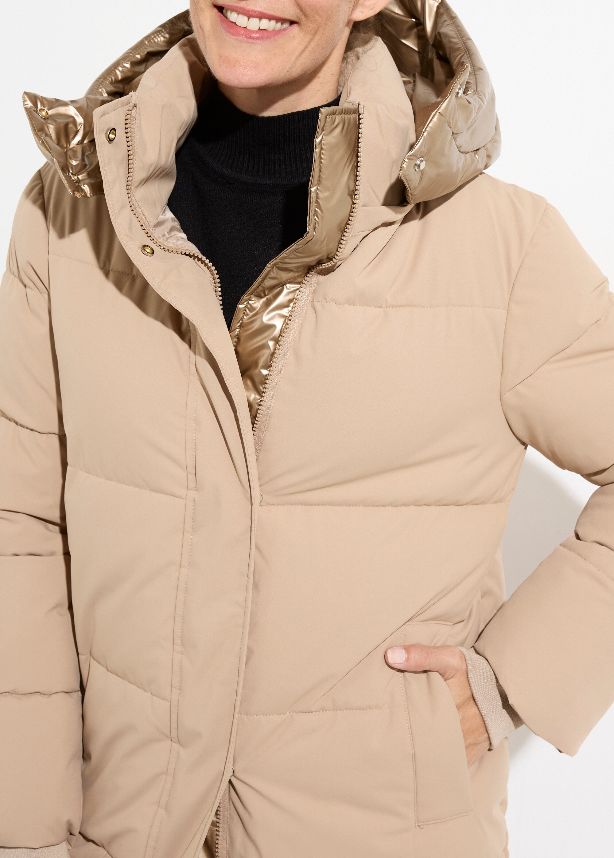 Doudoune longue capuche métallisée Femme Beige ATT-AT8592 DE1