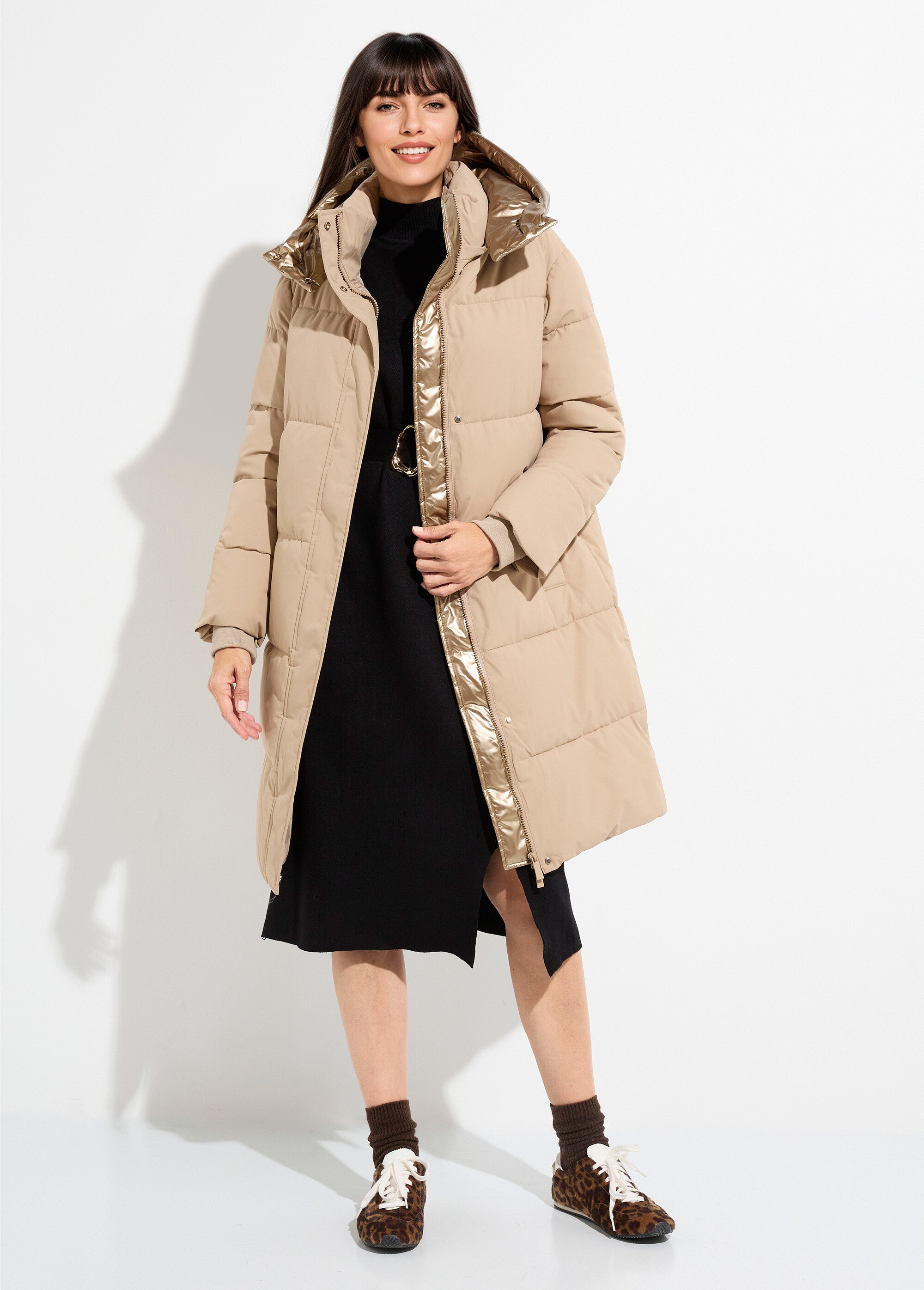 Doudoune longue capuche métallisée Femme Beige ATT-AT8592 FA1