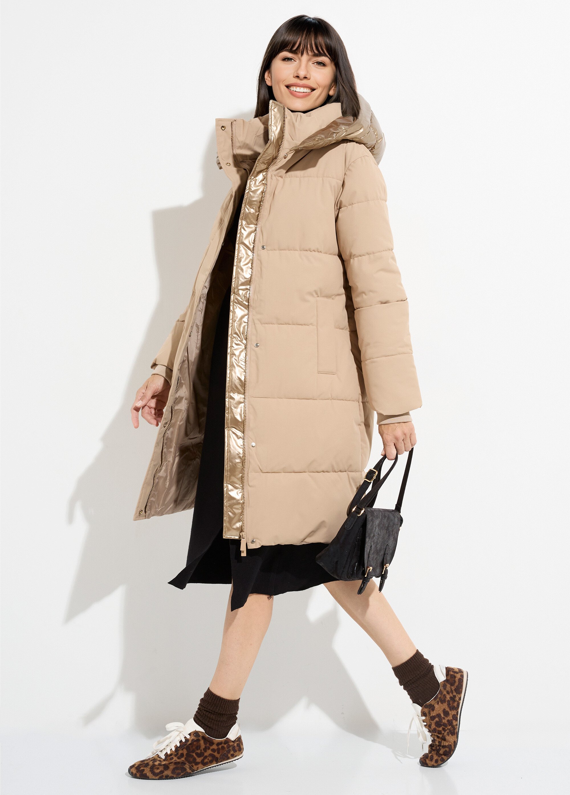 Doudoune longue capuche métallisée Femme Beige ATT-AT8592 MV1
