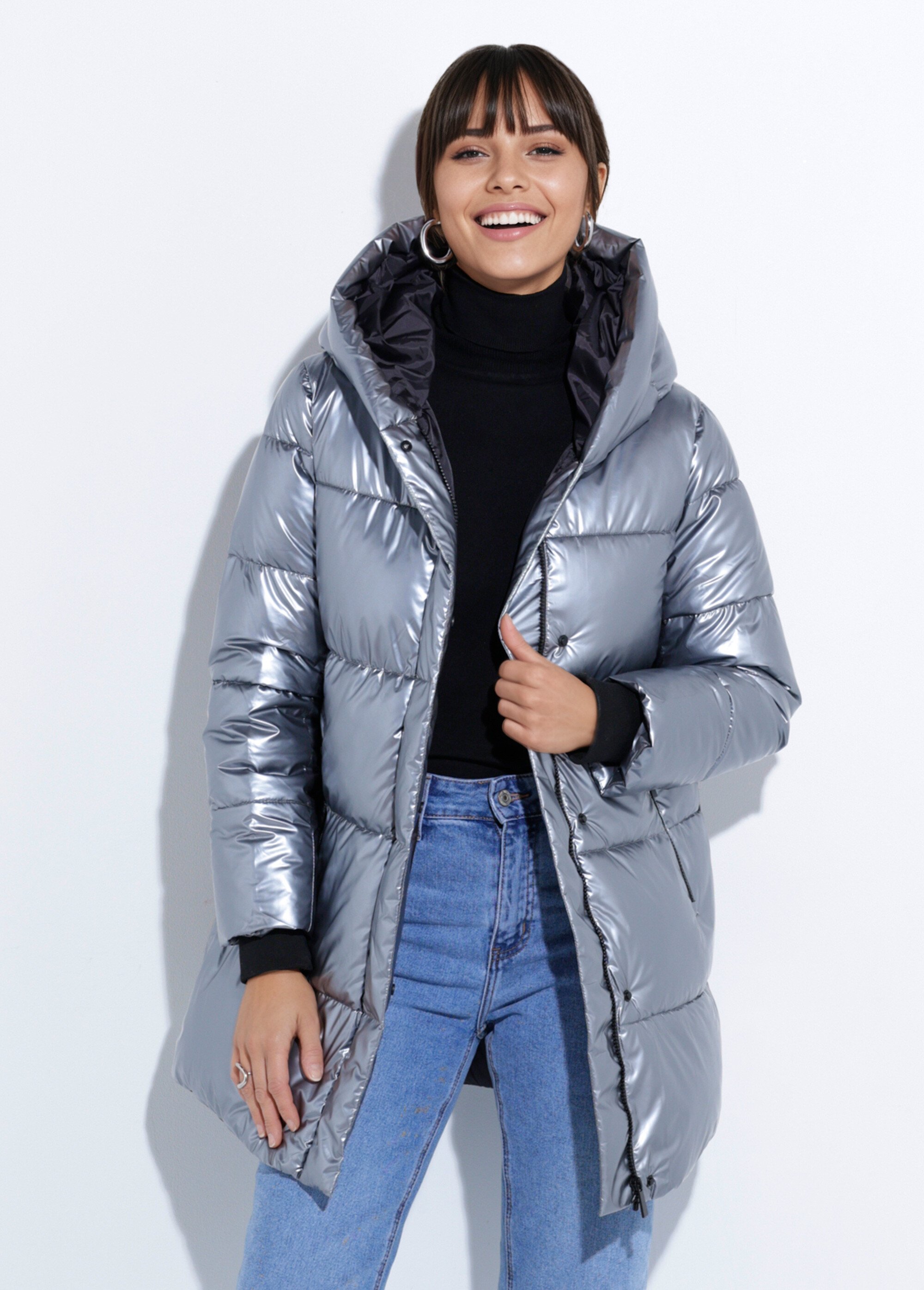 Doudoune métallisée mi-longue à capuche Femme Argenté ATT-AT8555B FA1