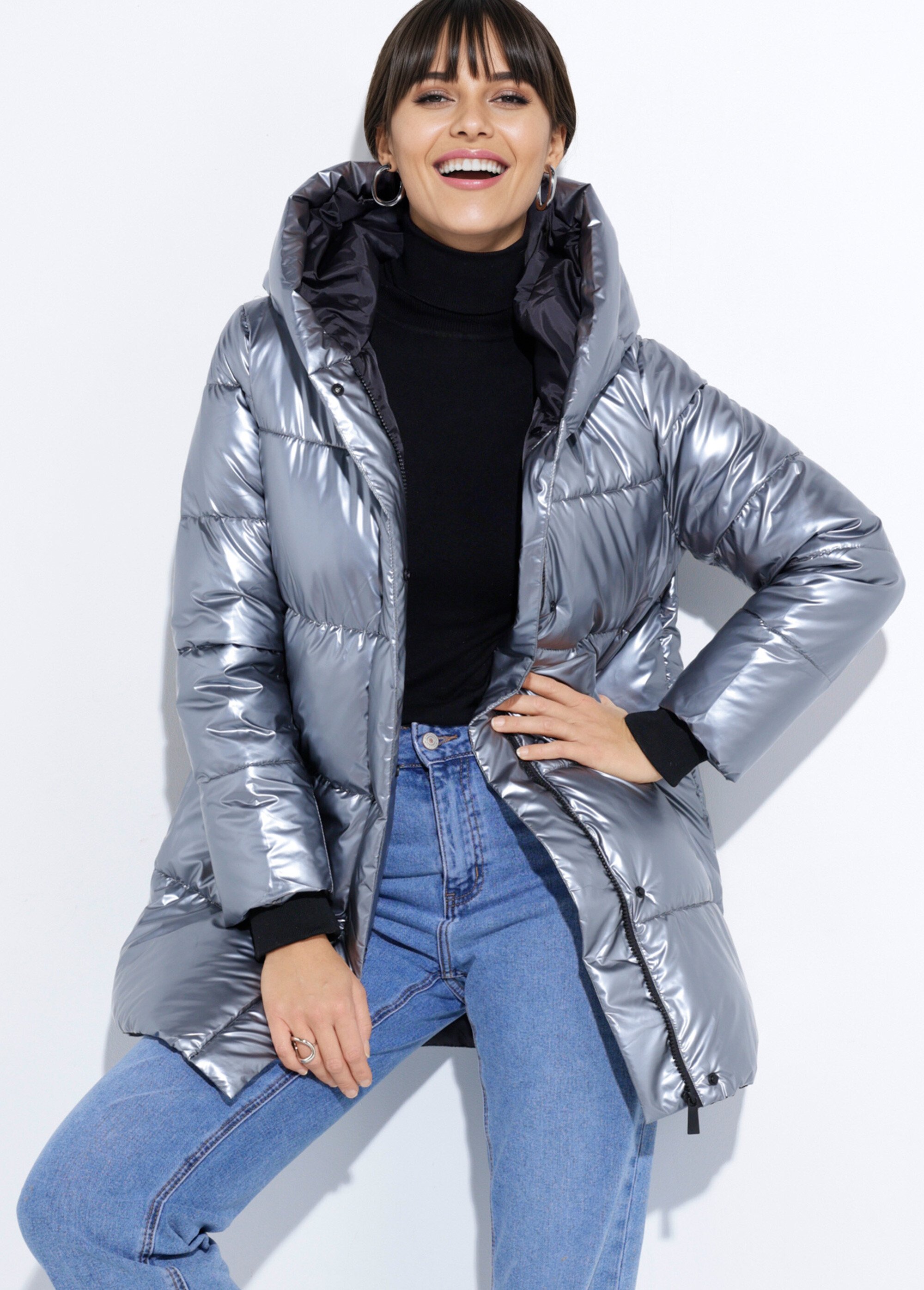 Doudoune métallisée mi-longue à capuche Femme Argenté ATT-AT8555B MV1