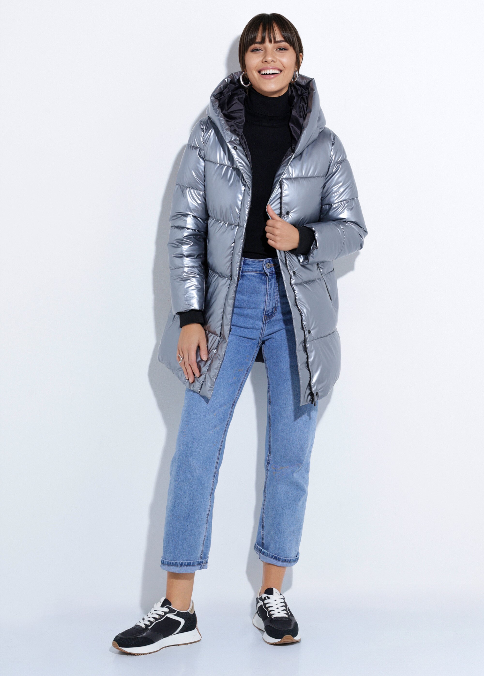 Doudoune métallisée mi-longue à capuche Femme Argenté ATT-AT8555B SF1