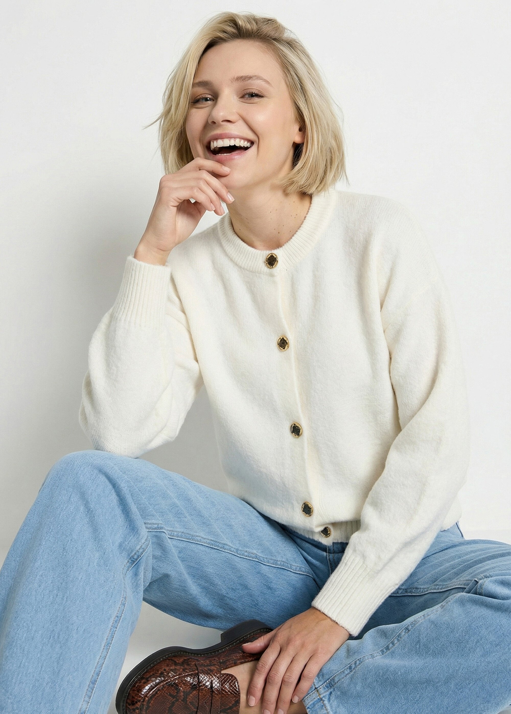 Gilet cardigan unie boutonnée avec laine Femme Beige PACORUS MV1