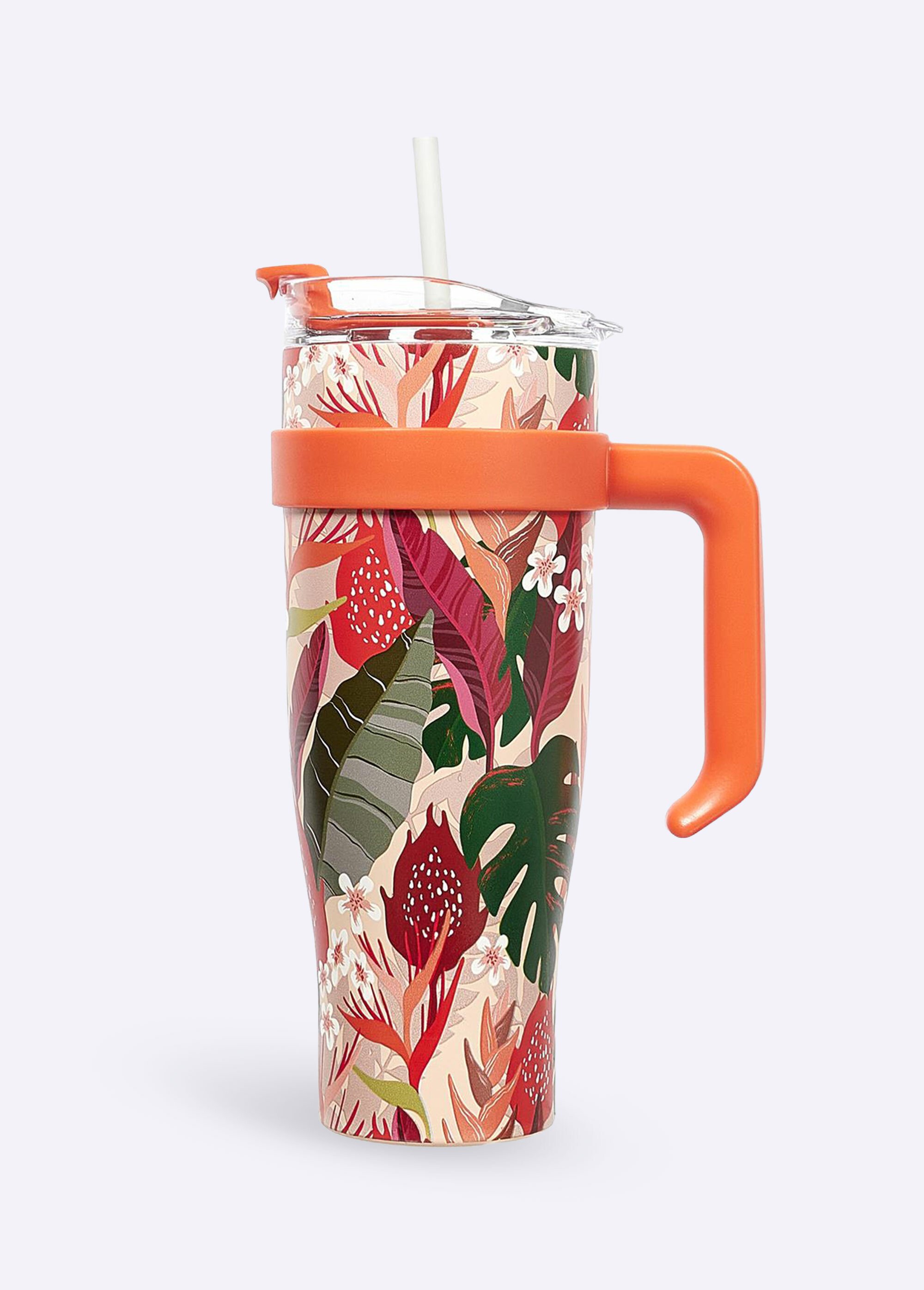 Mug de transport 1,2L floral avec paille Orange CMP-KA0438 FA1