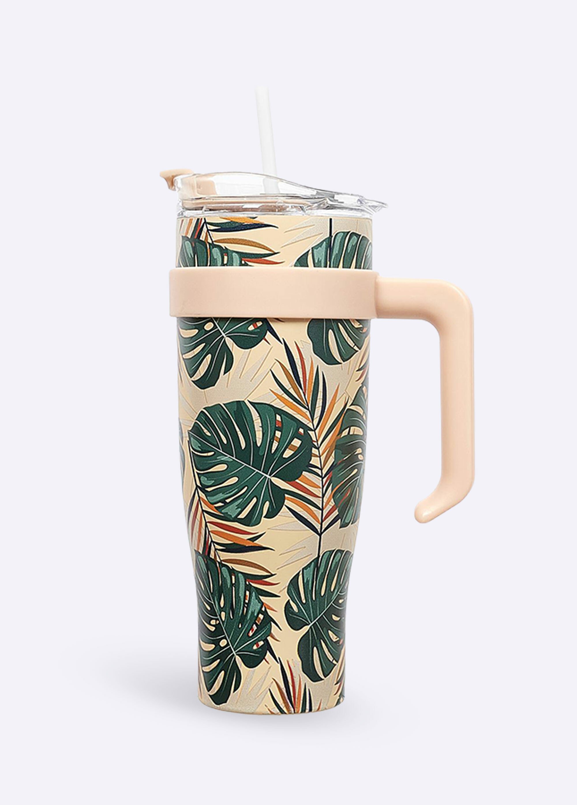 Mug de transport 1,2L floral avec paille Beige CMP-KA0438 FA1