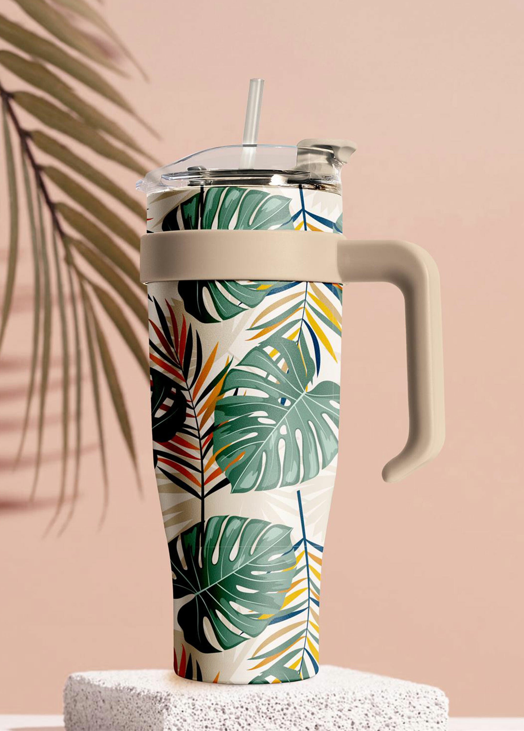 Mug de transport 1,2L floral avec paille Beige CMP-KA0438 SI1