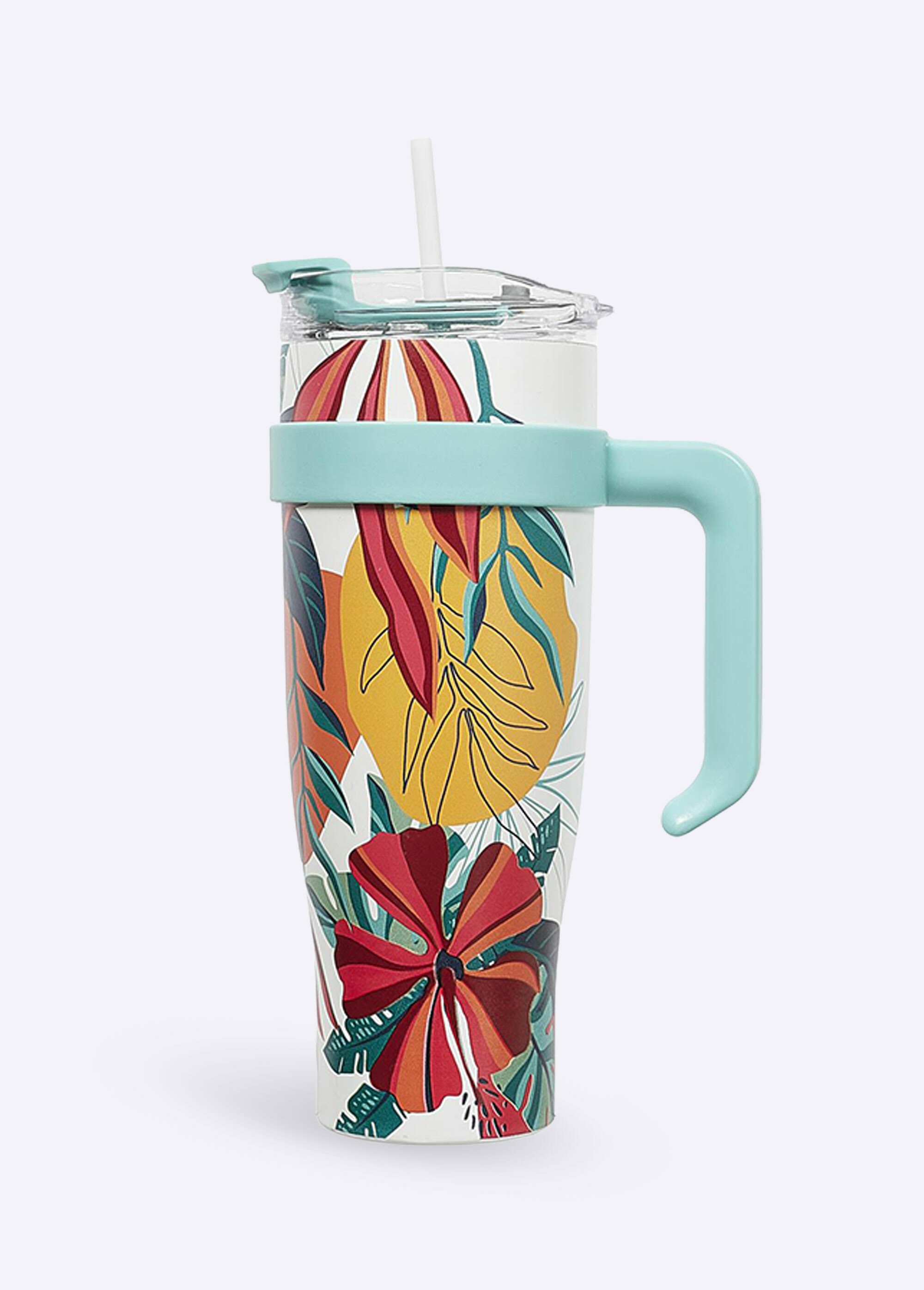 Mug de transport 1,2L floral avec paille Bleu CMP-KA0438 FA1