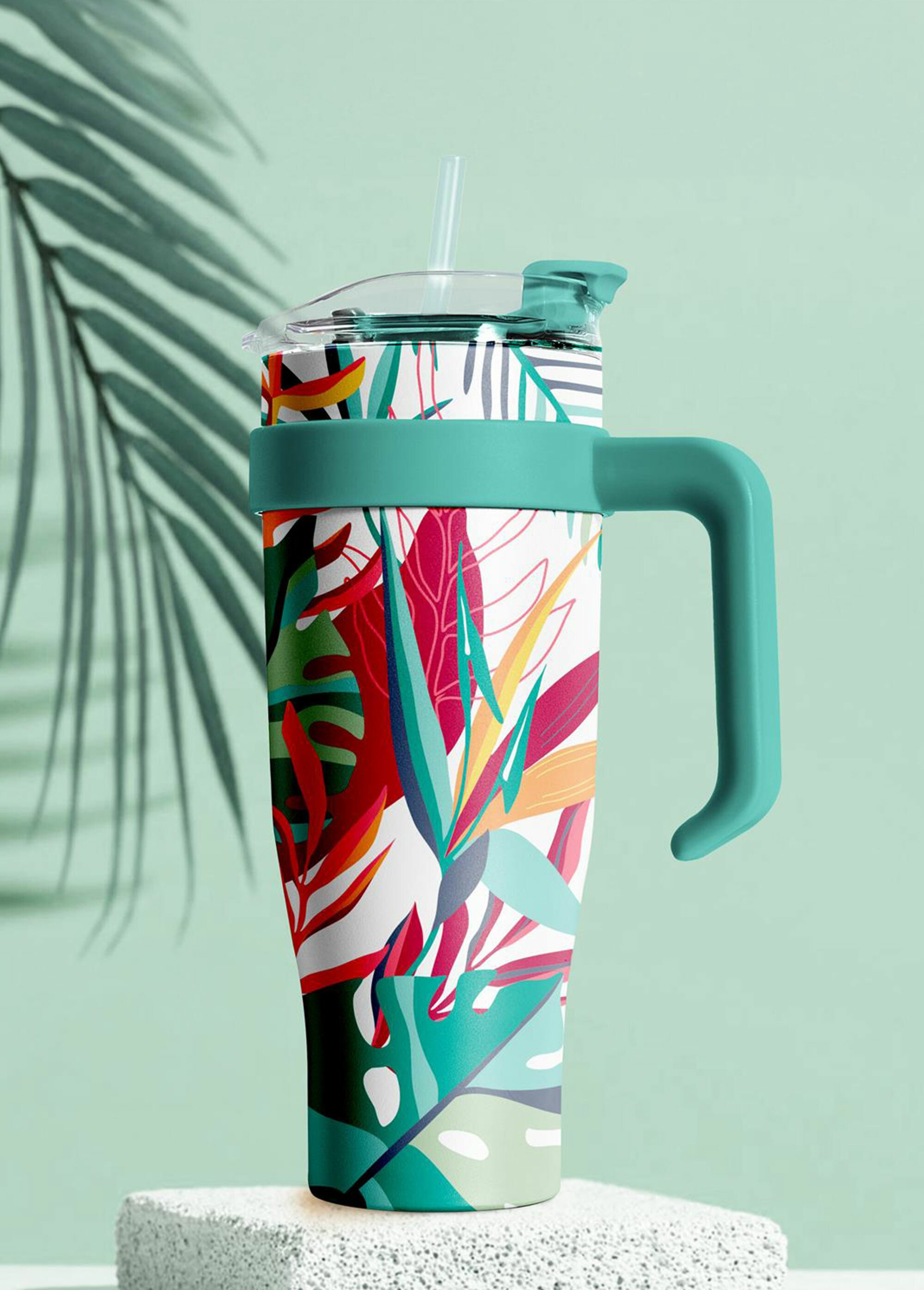 Mug de transport 1,2L floral avec paille Bleu CMP-KA0438 SI1